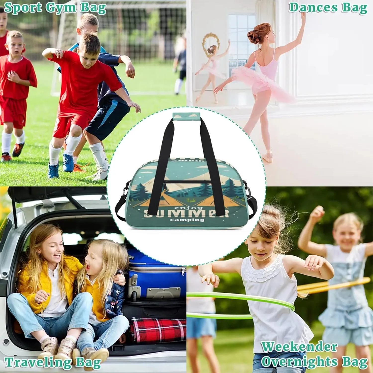 Camping Theme Gym Bag for Women Men, Sports Travel Duffel Bag Lightweight Workout Bag Carry On Overnight Weekender Bag
