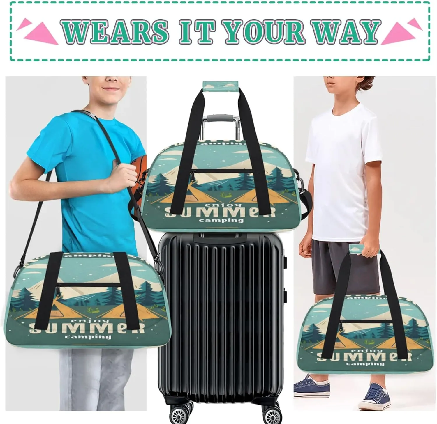 Camping Theme Gym Bag for Women Men, Sports Travel Duffel Bag Lightweight Workout Bag Carry On Overnight Weekender Bag