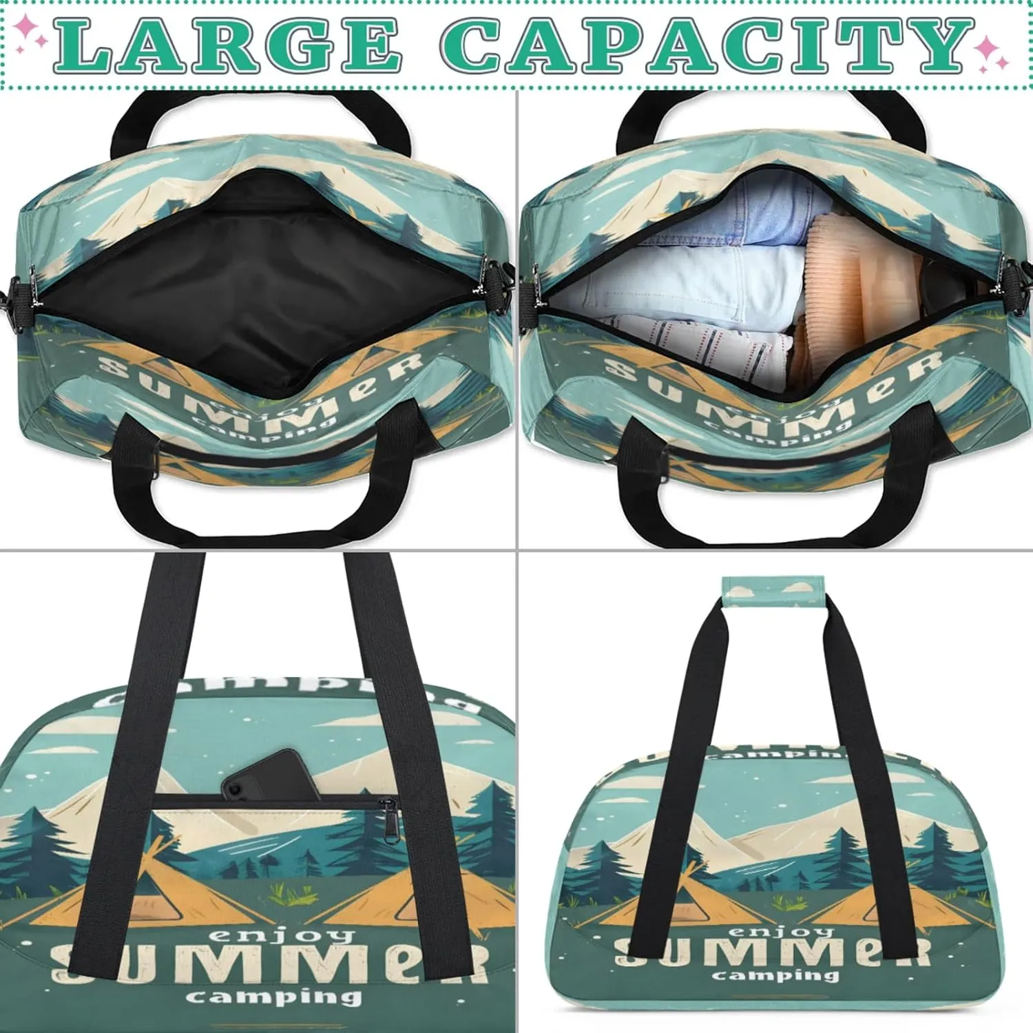 Camping Theme Gym Bag for Women Men, Sports Travel Duffel Bag Lightweight Workout Bag Carry On Overnight Weekender Bag