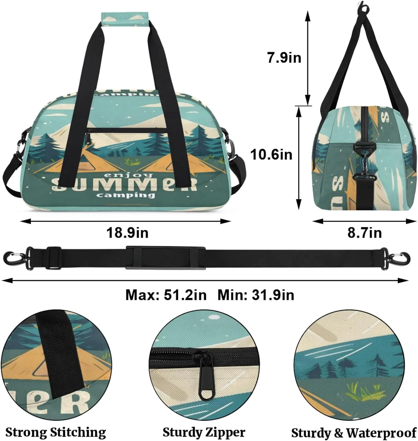 Camping Theme Gym Bag for Women Men, Sports Travel Duffel Bag Lightweight Workout Bag Carry On Overnight Weekender Bag