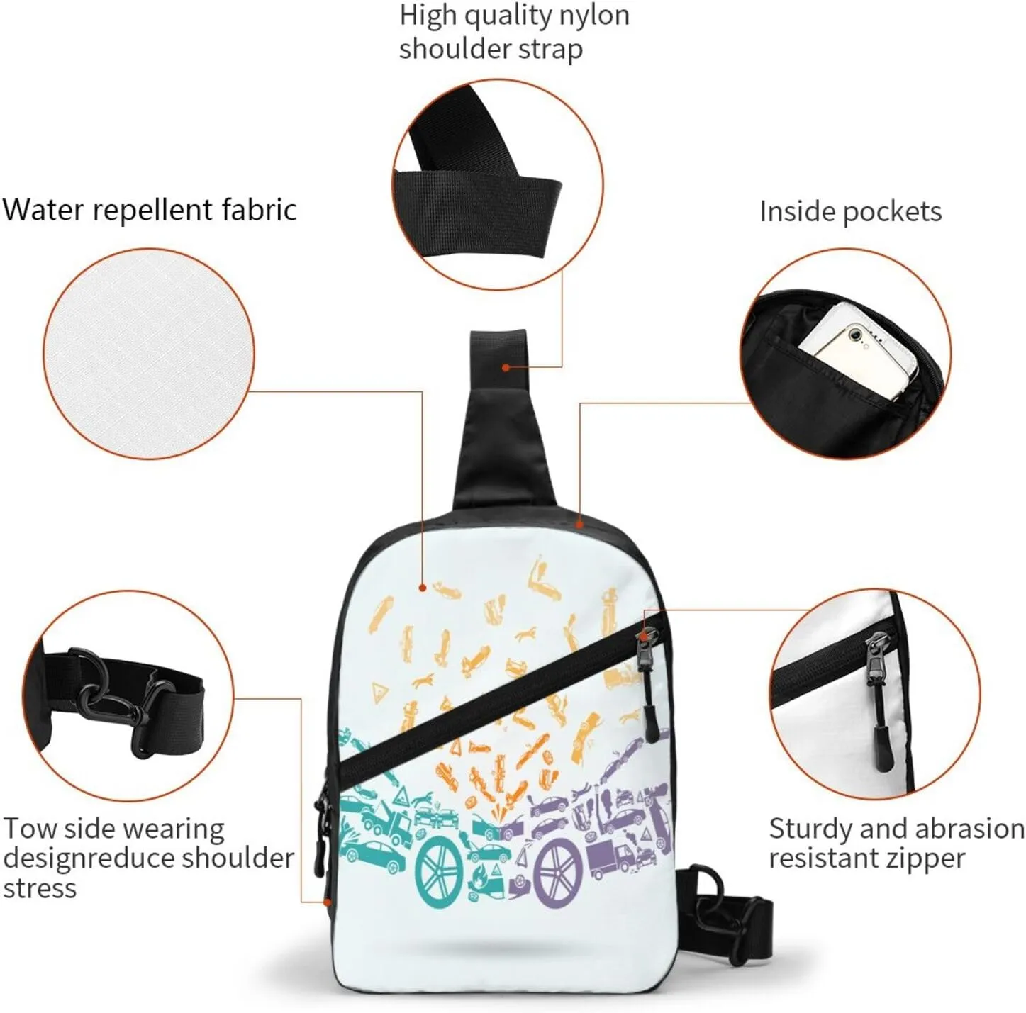 Car Crash Sling Bag for Men Women, Small Crossbody Sling Backpack Shoulder Chest Bag, Anti Theft Travel Hiking Sports