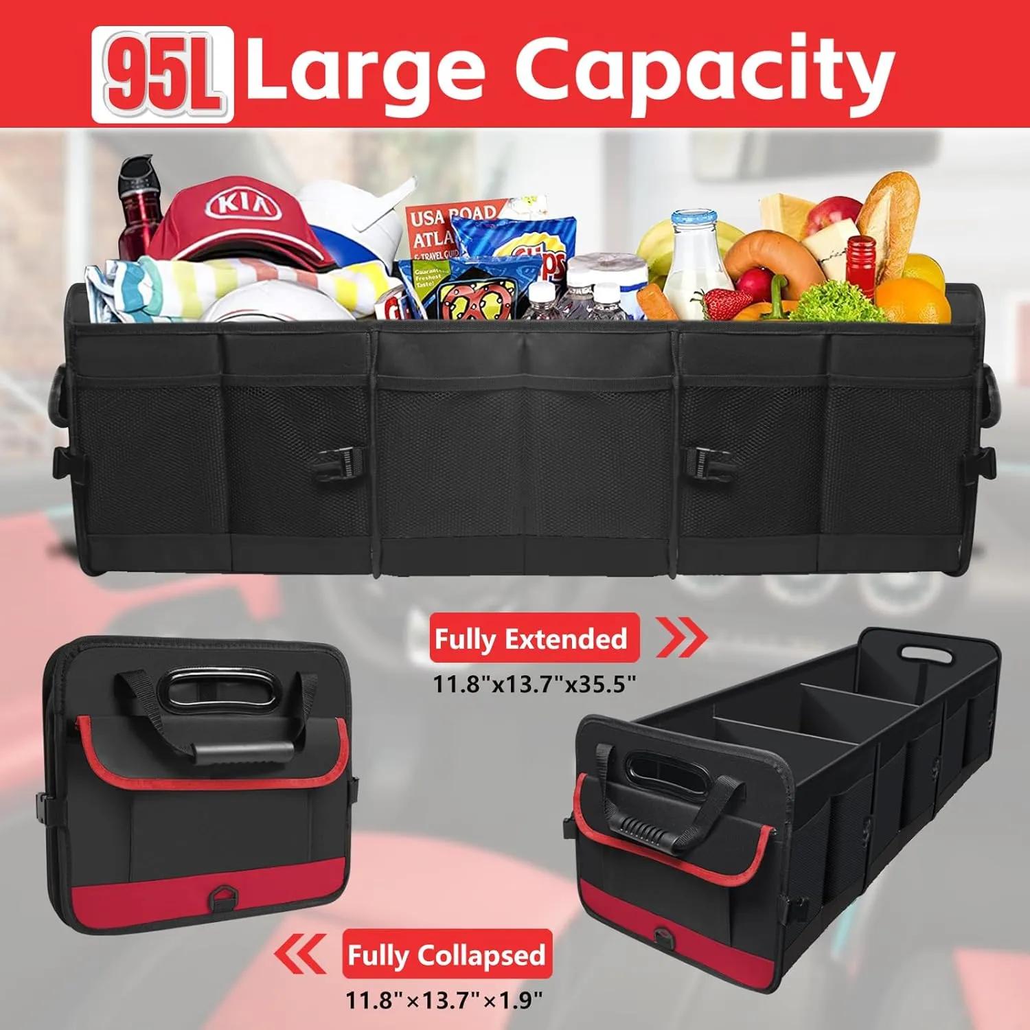 Car Trunk Organizer,Heavy Duty Collapsible 95 L Capacity Car Trunk Storage Organizer,Multi-Compartment Pockets, Adjustable Straps - Ideal for Travel, Camping, Shopping,Perfect for SUV, Truck, Sedan