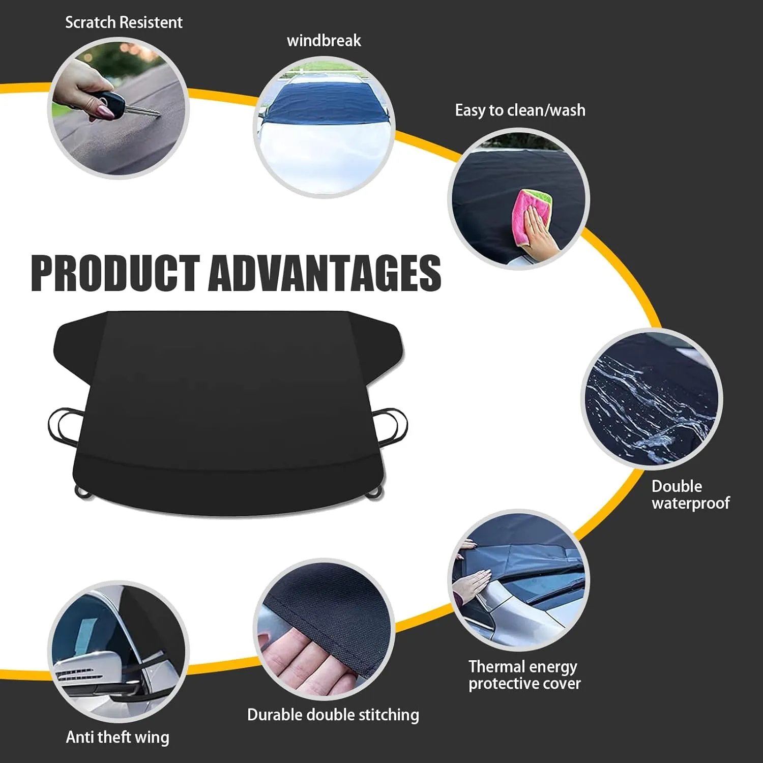 Car Windshield Cover for Ice and Snow, Oxford Cloth Winter Outdoor Portable Protective Covers, 70.8" x 47.2" Perfect Coverage Thickened Foldable Cover, Universal for Most Cars SUVs (Black)