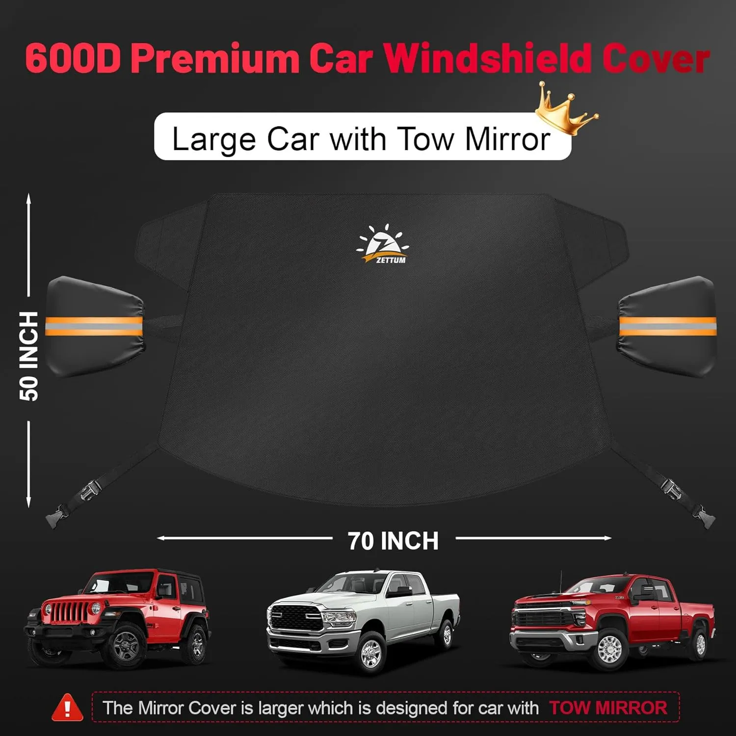 Car Windshield with Tow Mirror Cover - 600D Windshield Cover for Ice and Snow Windproof & Heavy Duty, Winter Frost Hail Protector for Pickup, Truck, SUV, Van and MPV with Large Mirror Models
