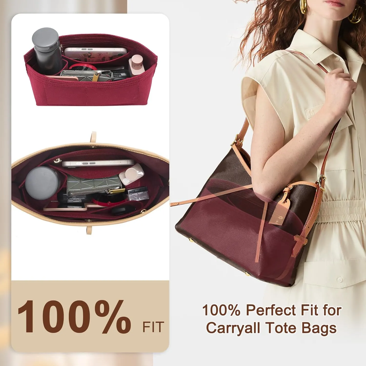 Carryall PM Organizer Insert, Tote Bag Organizer Insert Compatible with Lv Carryall, Premium Felt Purse Linner Organizer, Bag Inner for Lv Luxury Handbag & Tote Shaper(PM, Beige)