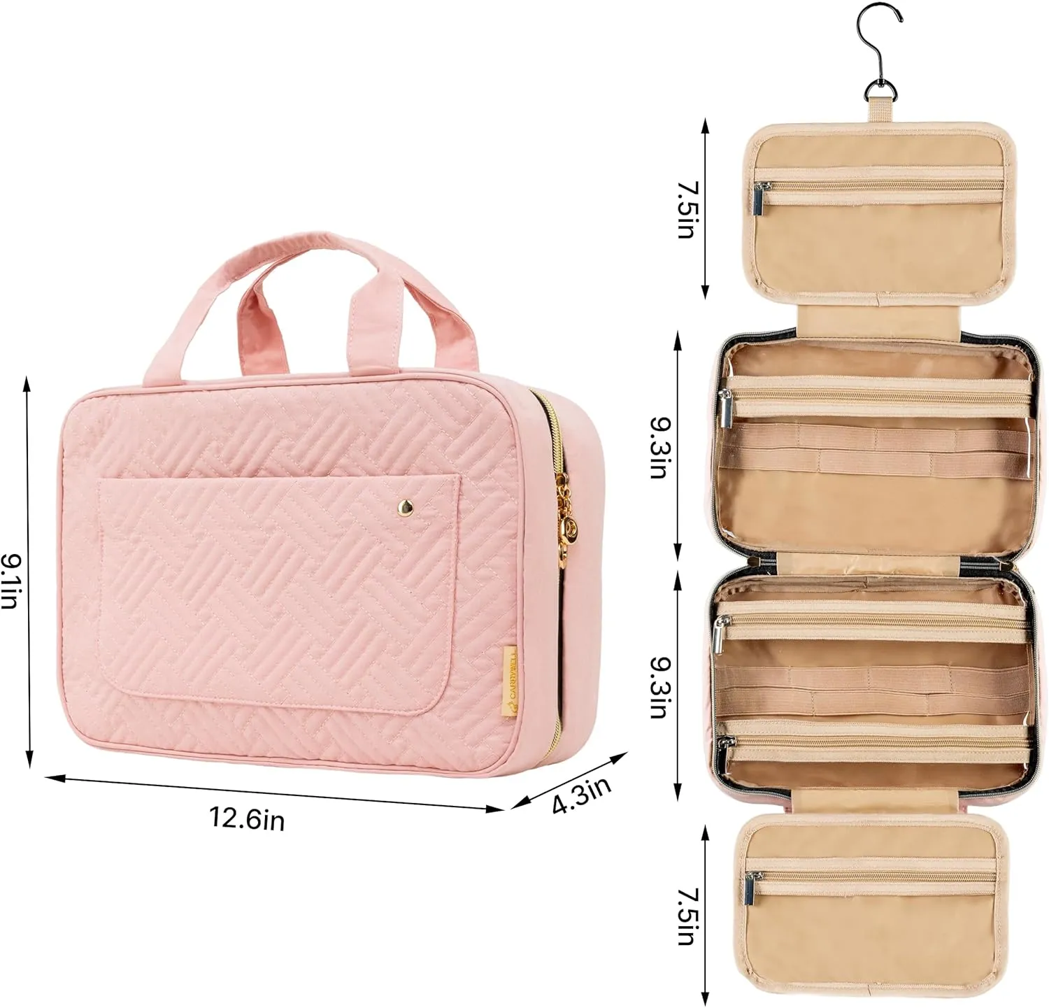 Carrywell (Not Made In China) Hanging Toiletry Bag For Women, Toiletries Bag, Travel Make Up Organizer, Water-Resistant Case For Cosmetics, Makeup and Brushes (Pink, Large)