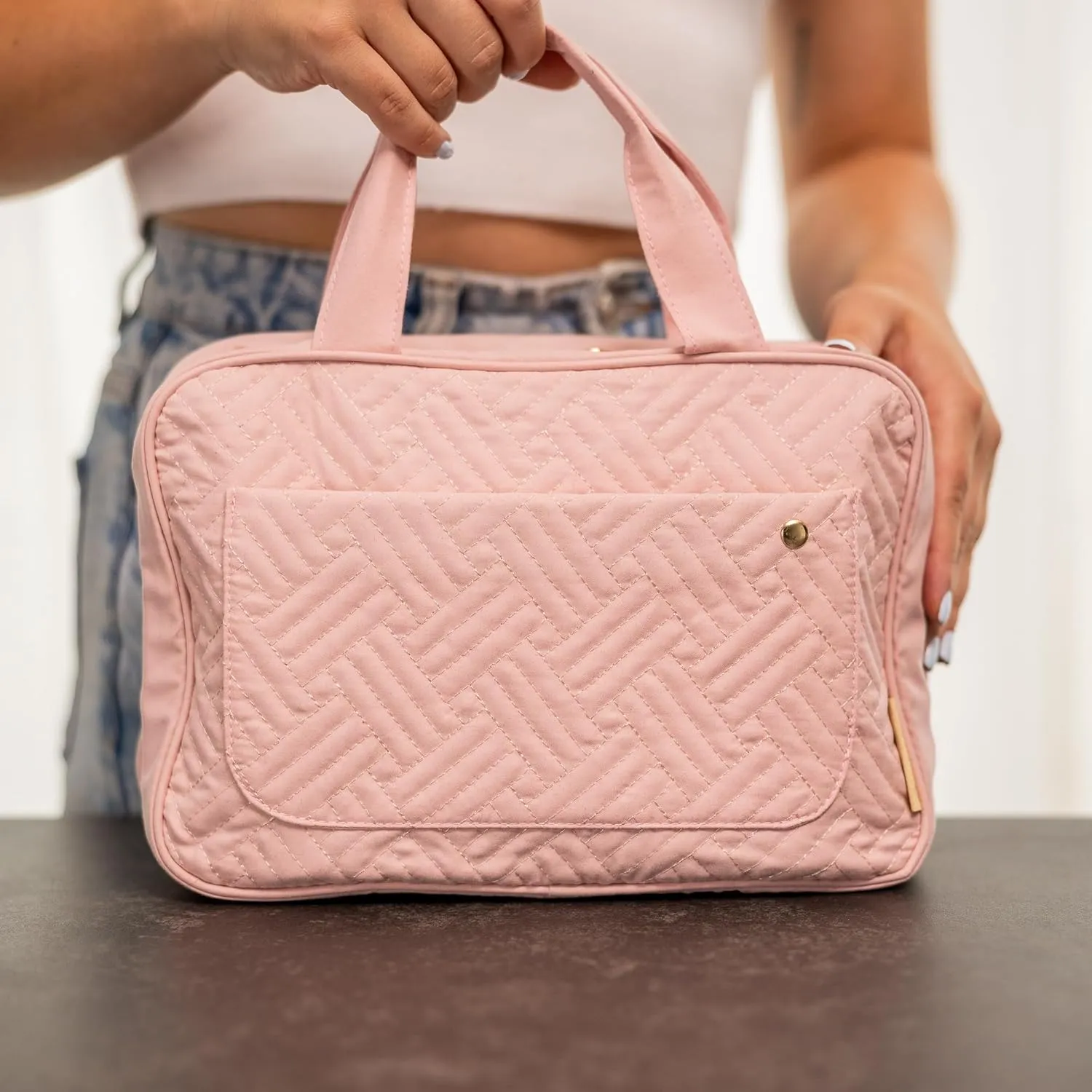 Carrywell (Not Made In China) Hanging Toiletry Bag For Women, Toiletries Bag, Travel Make Up Organizer, Water-Resistant Case For Cosmetics, Makeup and Brushes (Pink, Large)