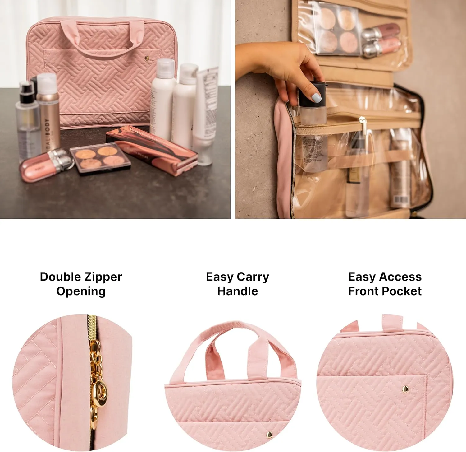 Carrywell (Not Made In China) Hanging Toiletry Bag For Women, Toiletries Bag, Travel Make Up Organizer, Water-Resistant Case For Cosmetics, Makeup and Brushes (Pink, Large)