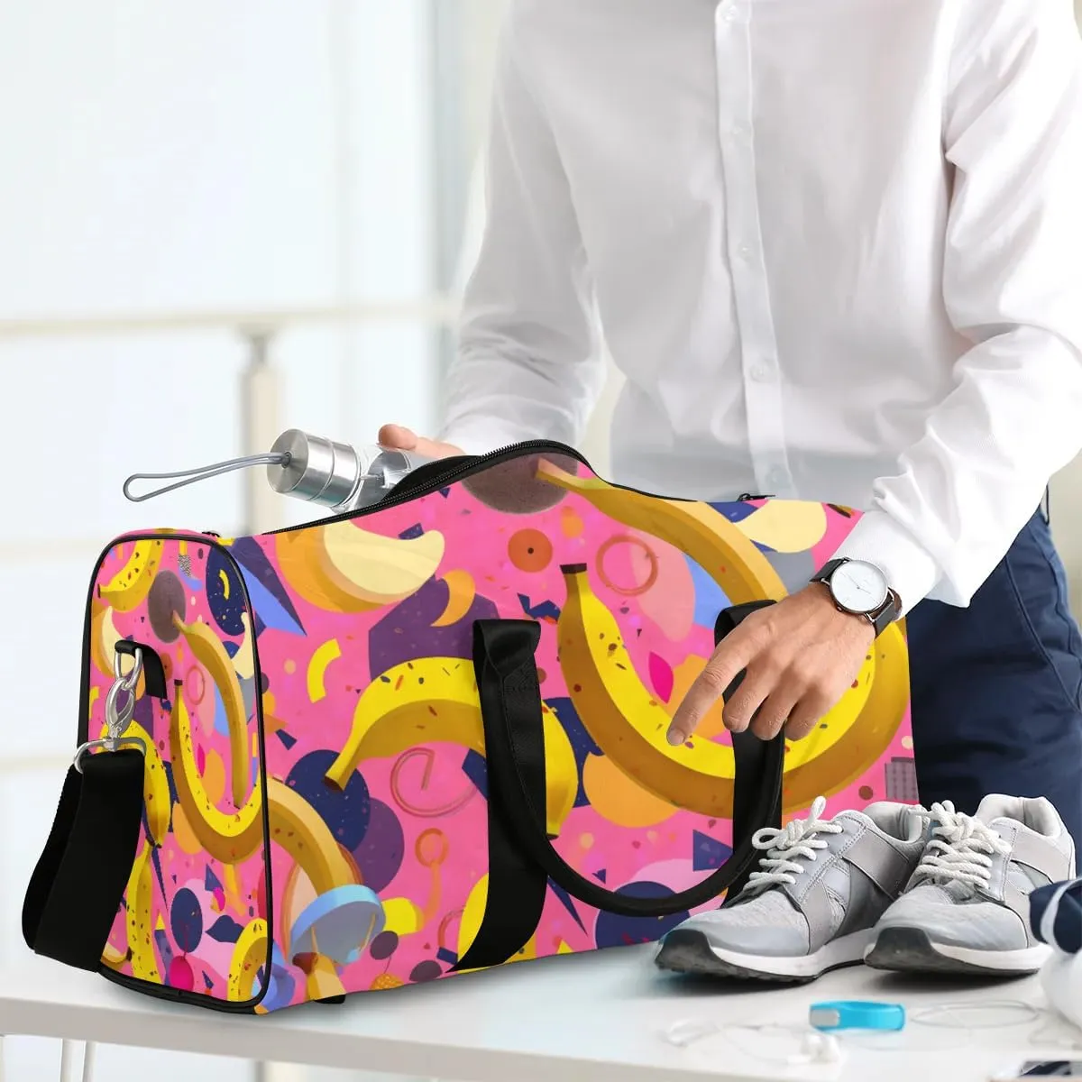 Cartoon Banana Print Travel Duffel Bag for Women Men Waterproof Foldable Overnight Weekender Bag Large Capacity Sports Gym Bag