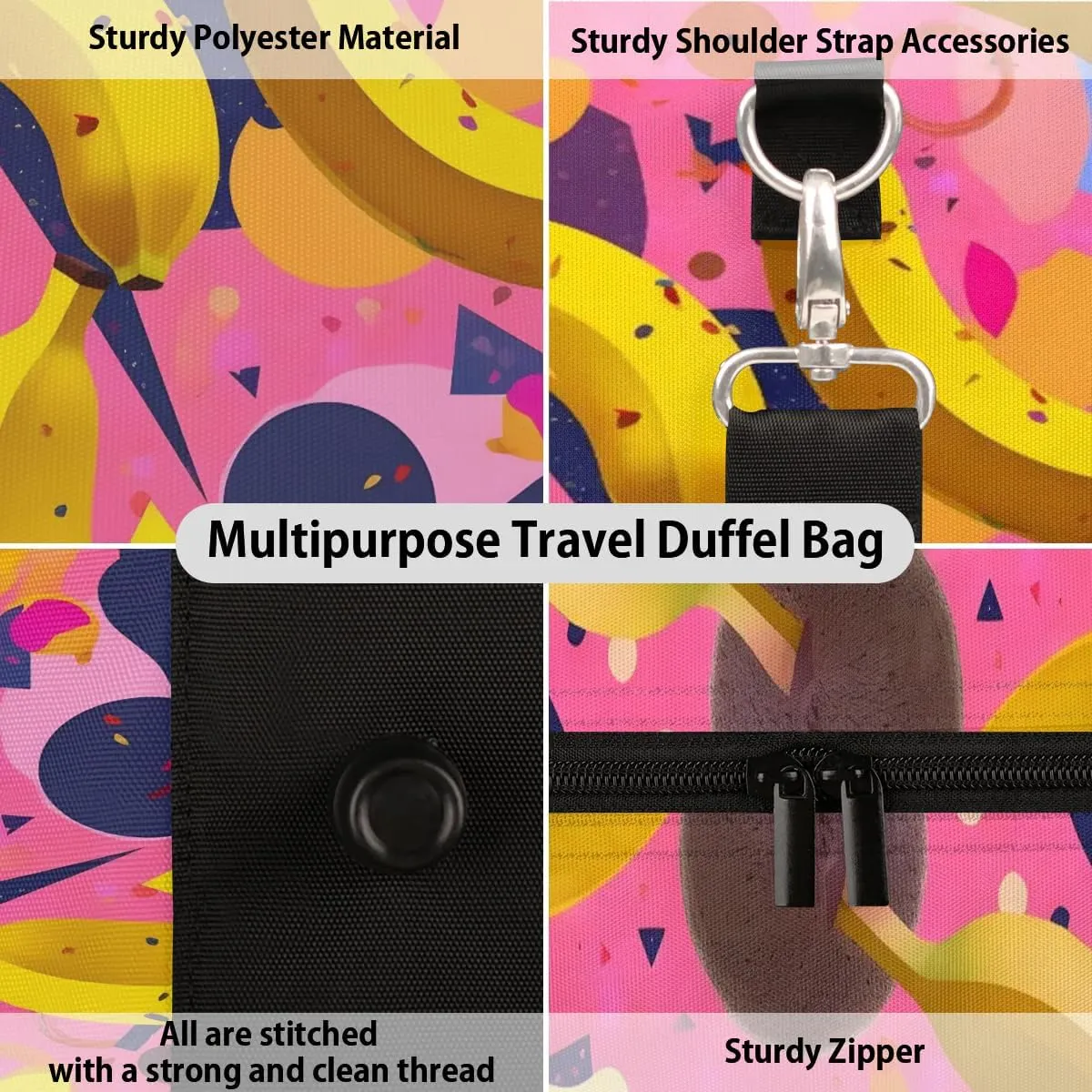 Cartoon Banana Print Travel Duffel Bag for Women Men Waterproof Foldable Overnight Weekender Bag Large Capacity Sports Gym Bag