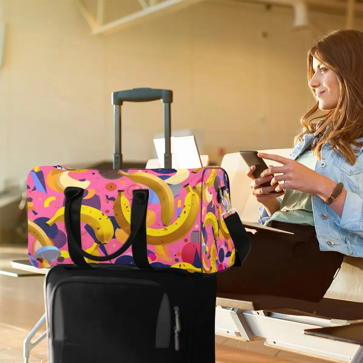 Cartoon Banana Print Travel Duffel Bag for Women Men Waterproof Foldable Overnight Weekender Bag Large Capacity Sports Gym Bag