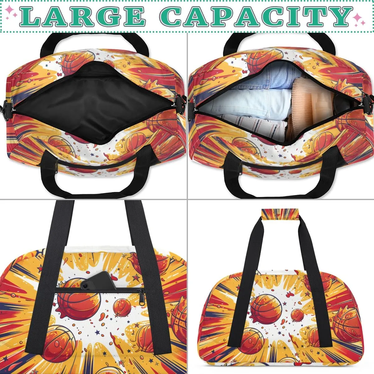 Cartoon Basketball Boys Girls Gym Bag Dance Perform Training Duffel Bags Weekender Carry-On Tote Luggage Bag Ideal for School Practice or Overnight Trips
