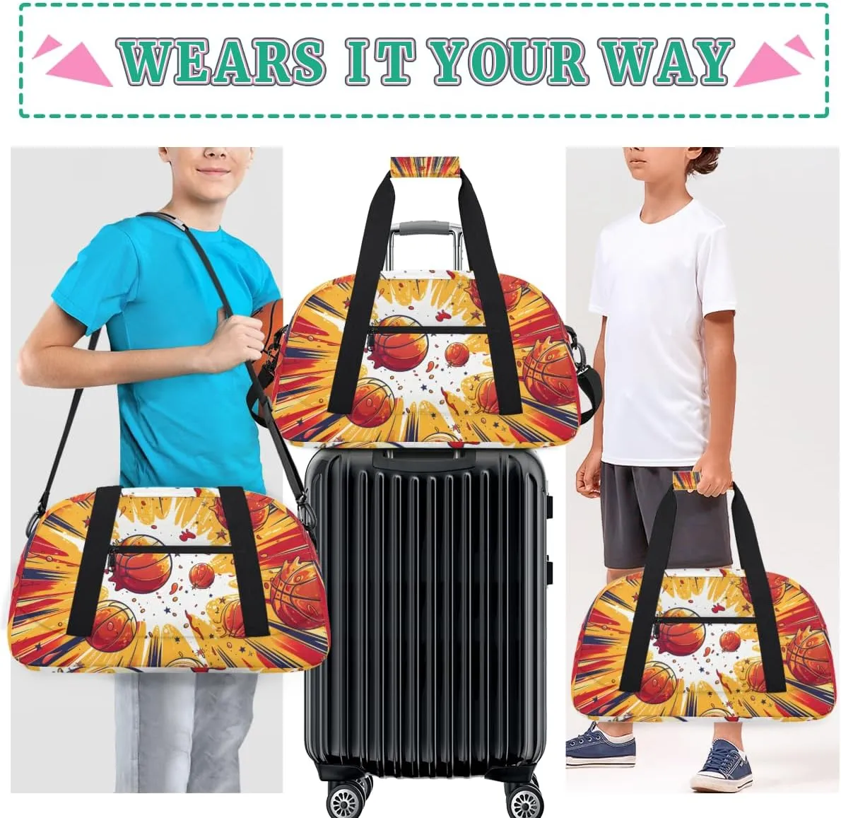 Cartoon Basketball Boys Girls Gym Bag Dance Perform Training Duffel Bags Weekender Carry-On Tote Luggage Bag Ideal for School Practice or Overnight Trips