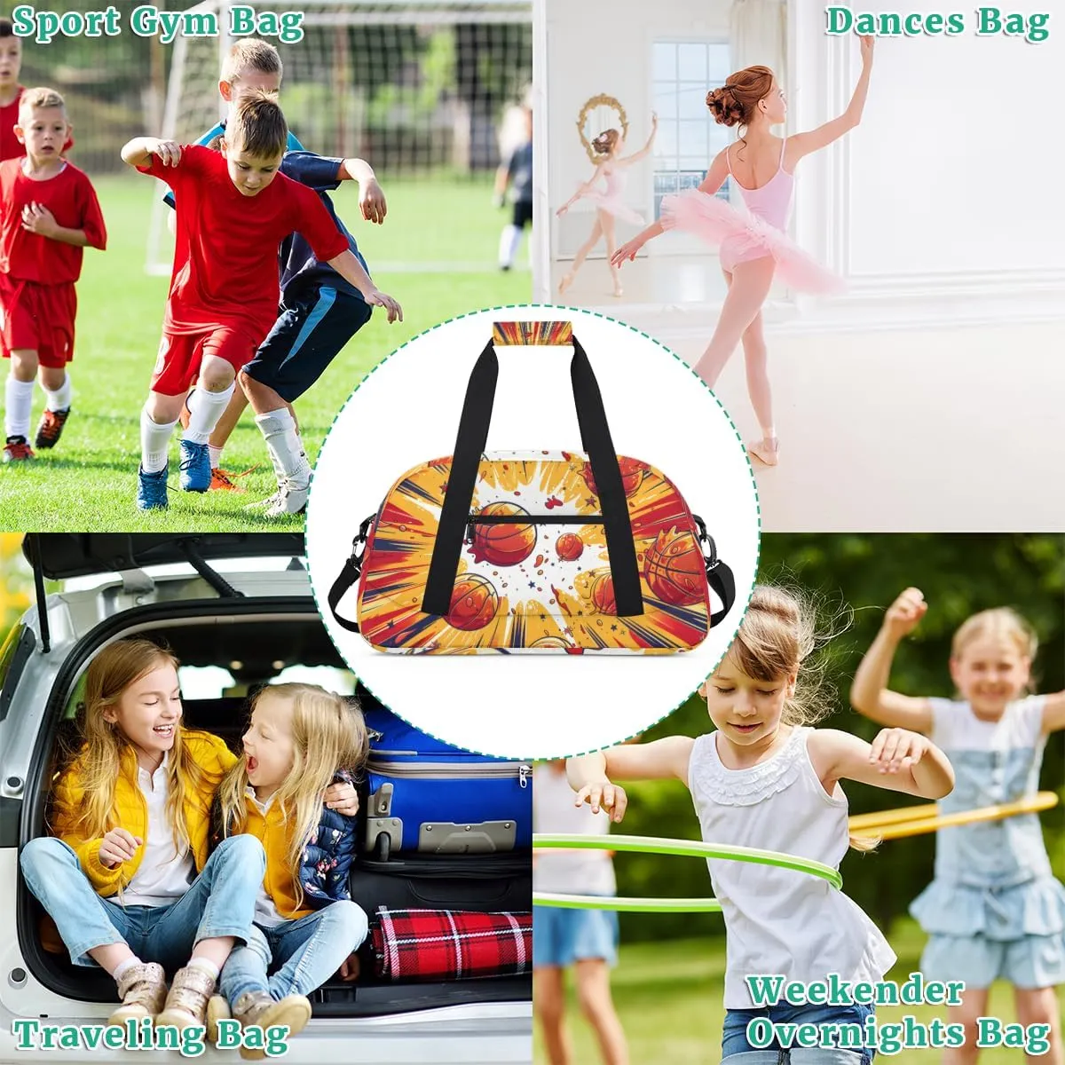 Cartoon Basketball Boys Girls Gym Bag Dance Perform Training Duffel Bags Weekender Carry-On Tote Luggage Bag Ideal for School Practice or Overnight Trips