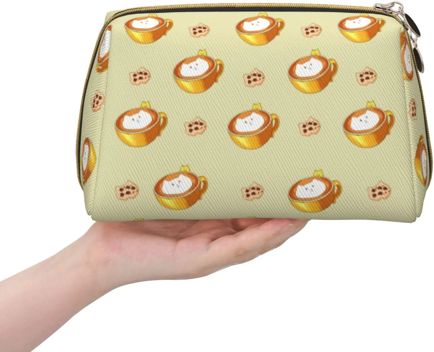 Cartoon Cat Coffeemakeup Bag Organizer,Toiletry Cosmetic Bag,Zipper Pouch Brushes Storage Case(Large)