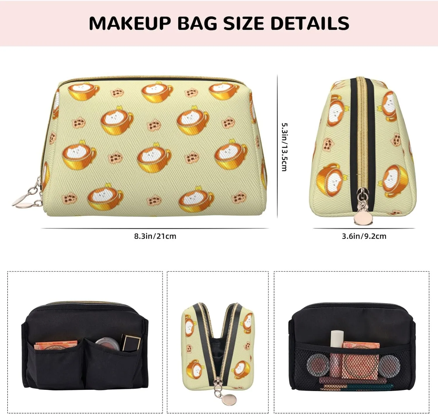 Cartoon Cat Coffeemakeup Bag Organizer,Toiletry Cosmetic Bag,Zipper Pouch Brushes Storage Case(Large)