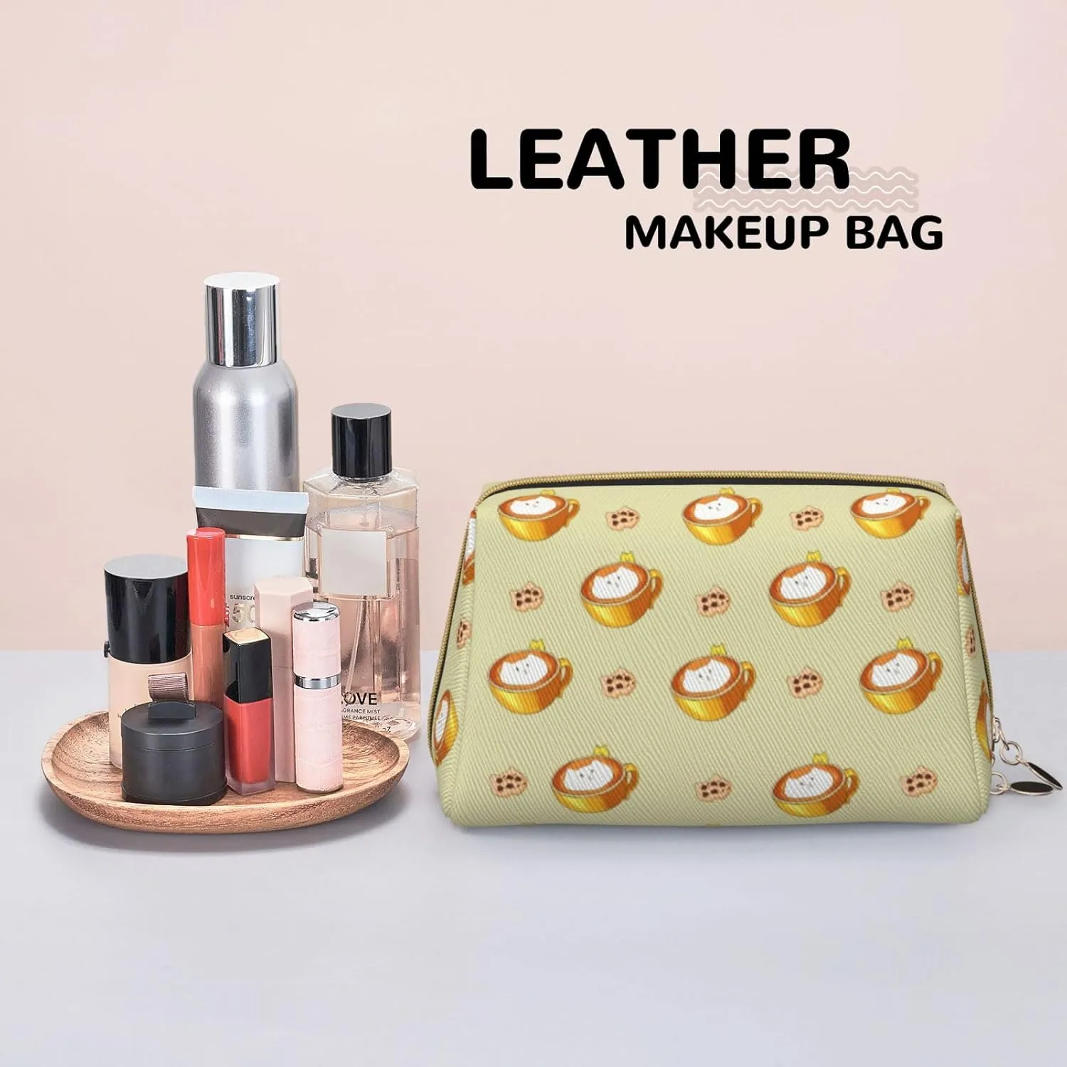 Cartoon Cat Coffeemakeup Bag Organizer,Toiletry Cosmetic Bag,Zipper Pouch Brushes Storage Case(Large)