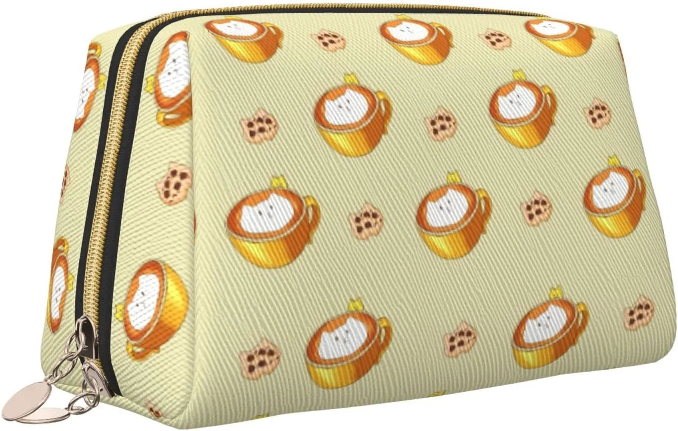 Cartoon Cat Coffeemakeup Bag Organizer,Toiletry Cosmetic Bag,Zipper Pouch Brushes Storage Case(Large)