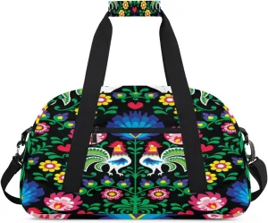 Cartoon Rooster Gym Duffel Bag for Men Women Colorful Flowers Leaves Sports Tote Bag with Adjustable Shoulder Strap for Dance Gymnastics Traveling Outdoor Camping Overnight Stay