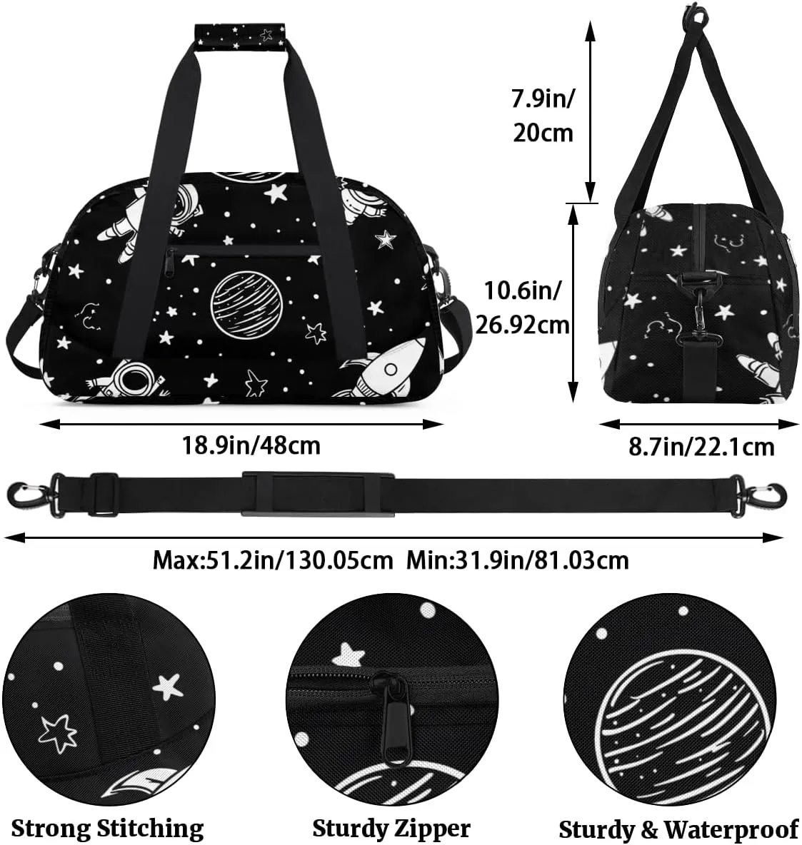Cartoon Space Boys Girls Gym Bag Dance Perform Training Duffel Bags Weekender Carry-On Tote Luggage Bag Ideal for School Practice or Overnight Trips Black