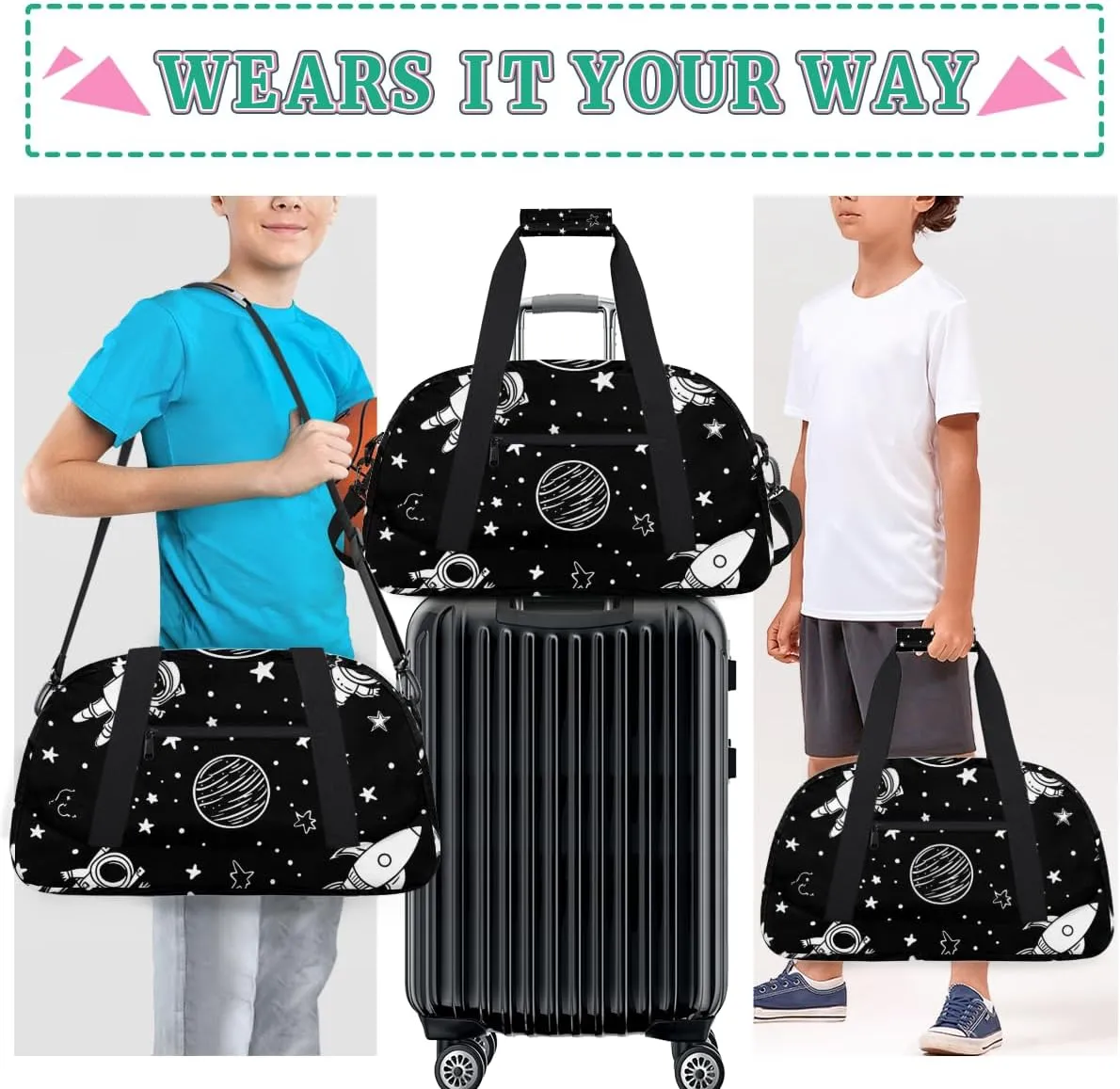 Cartoon Space Boys Girls Gym Bag Dance Perform Training Duffel Bags Weekender Carry-On Tote Luggage Bag Ideal for School Practice or Overnight Trips Black