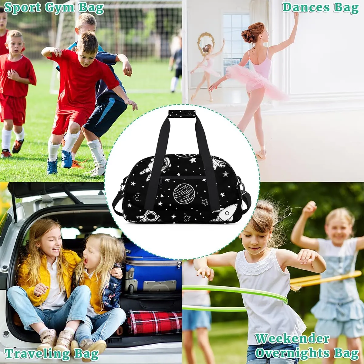 Cartoon Space Boys Girls Gym Bag Dance Perform Training Duffel Bags Weekender Carry-On Tote Luggage Bag Ideal for School Practice or Overnight Trips Black