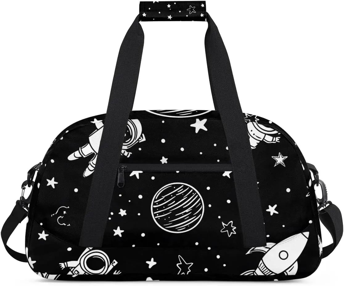 Cartoon Space Boys Girls Gym Bag Dance Perform Training Duffel Bags Weekender Carry-On Tote Luggage Bag Ideal for School Practice or Overnight Trips Black