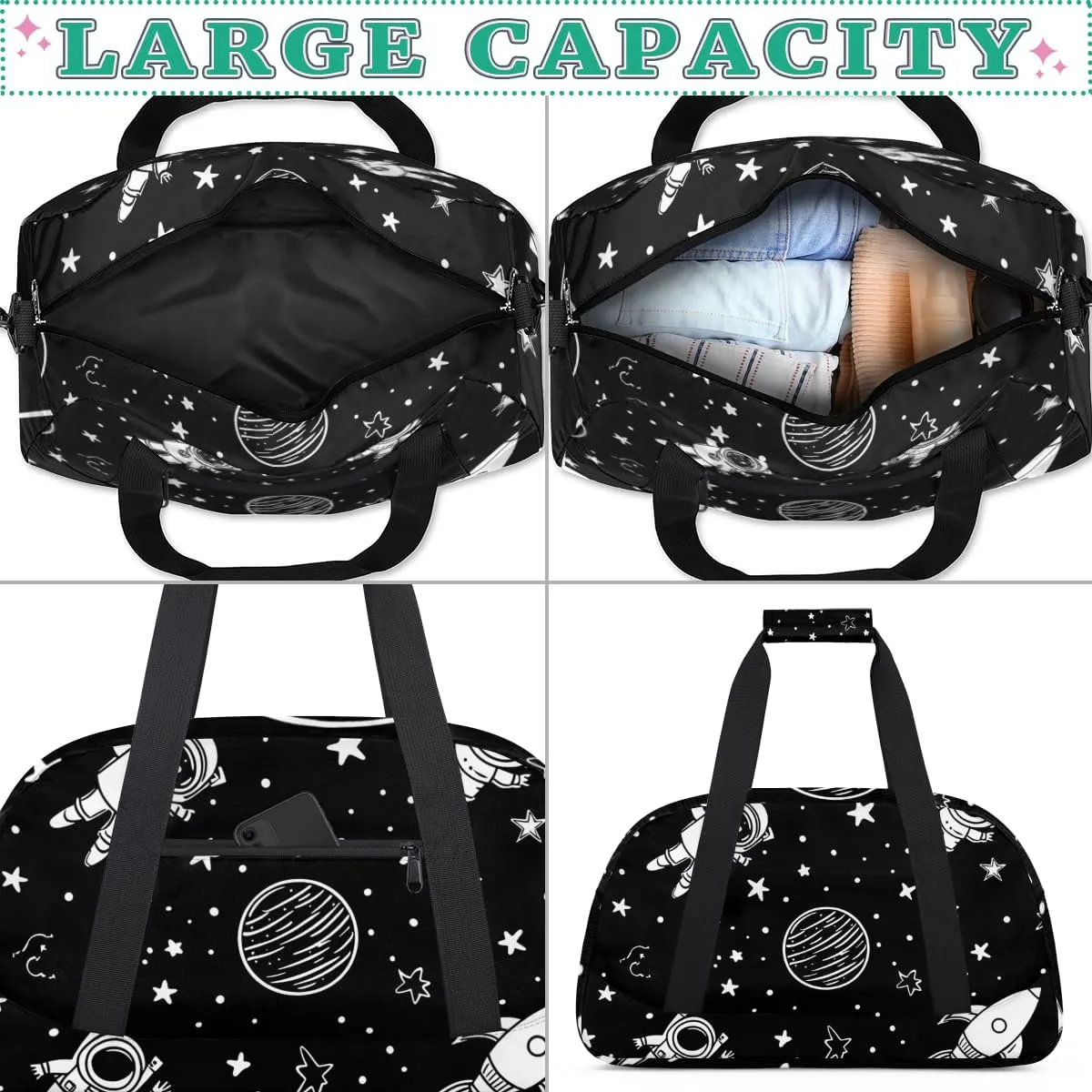 Cartoon Space Boys Girls Gym Bag Dance Perform Training Duffel Bags Weekender Carry-On Tote Luggage Bag Ideal for School Practice or Overnight Trips Black