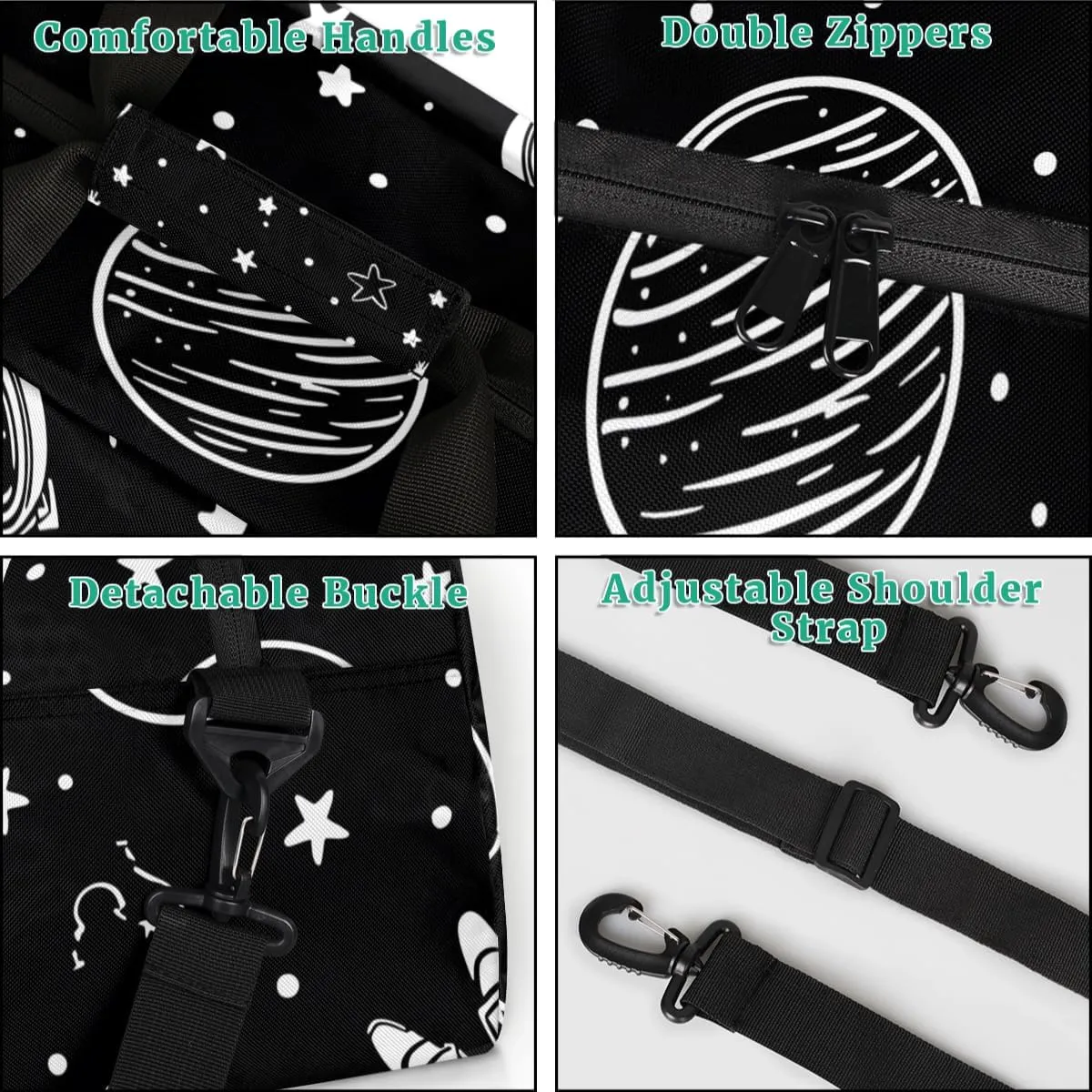 Cartoon Space Boys Girls Gym Bag Dance Perform Training Duffel Bags Weekender Carry-On Tote Luggage Bag Ideal for School Practice or Overnight Trips Black