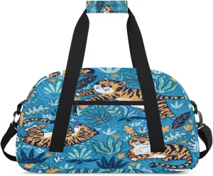 Cartoon Tigers Gym Duffel Bag for Men Women Colorful Leaves Sports Tote Bag with Adjustable Shoulder Strap for Dance Gymnastics Traveling Outdoor Camping Overnight Stay