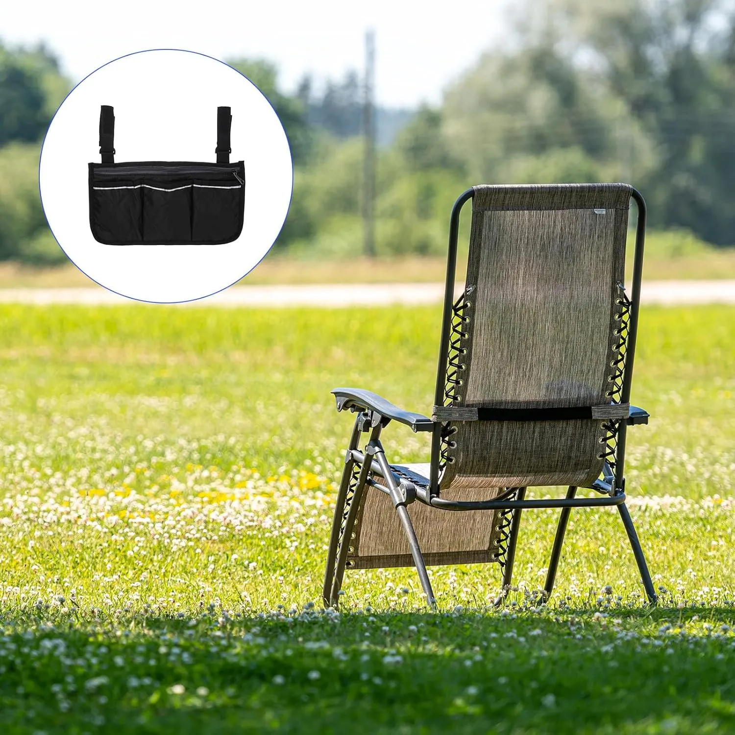 Chair Armrest Organizer - Polyester 4 Pockets Snack Book Arm Rest Storage Bag with Adjustable Straps, Apply to Camping/Fishing/Picnic (Black)