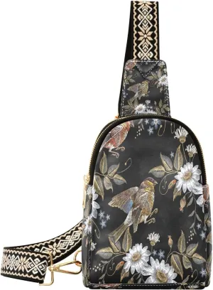 Chamomiles Flowers Fashion Leather Crossbody Bag for Women Embroidery Hummingbirds Trendy Crossbody Purse Fanny Pack with Adjustable Strap