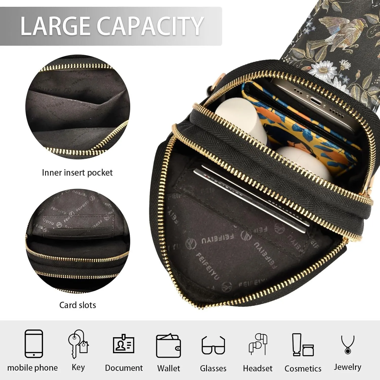 Chamomiles Flowers Fashion Leather Crossbody Bag for Women Embroidery Hummingbirds Trendy Crossbody Purse Fanny Pack with Adjustable Strap
