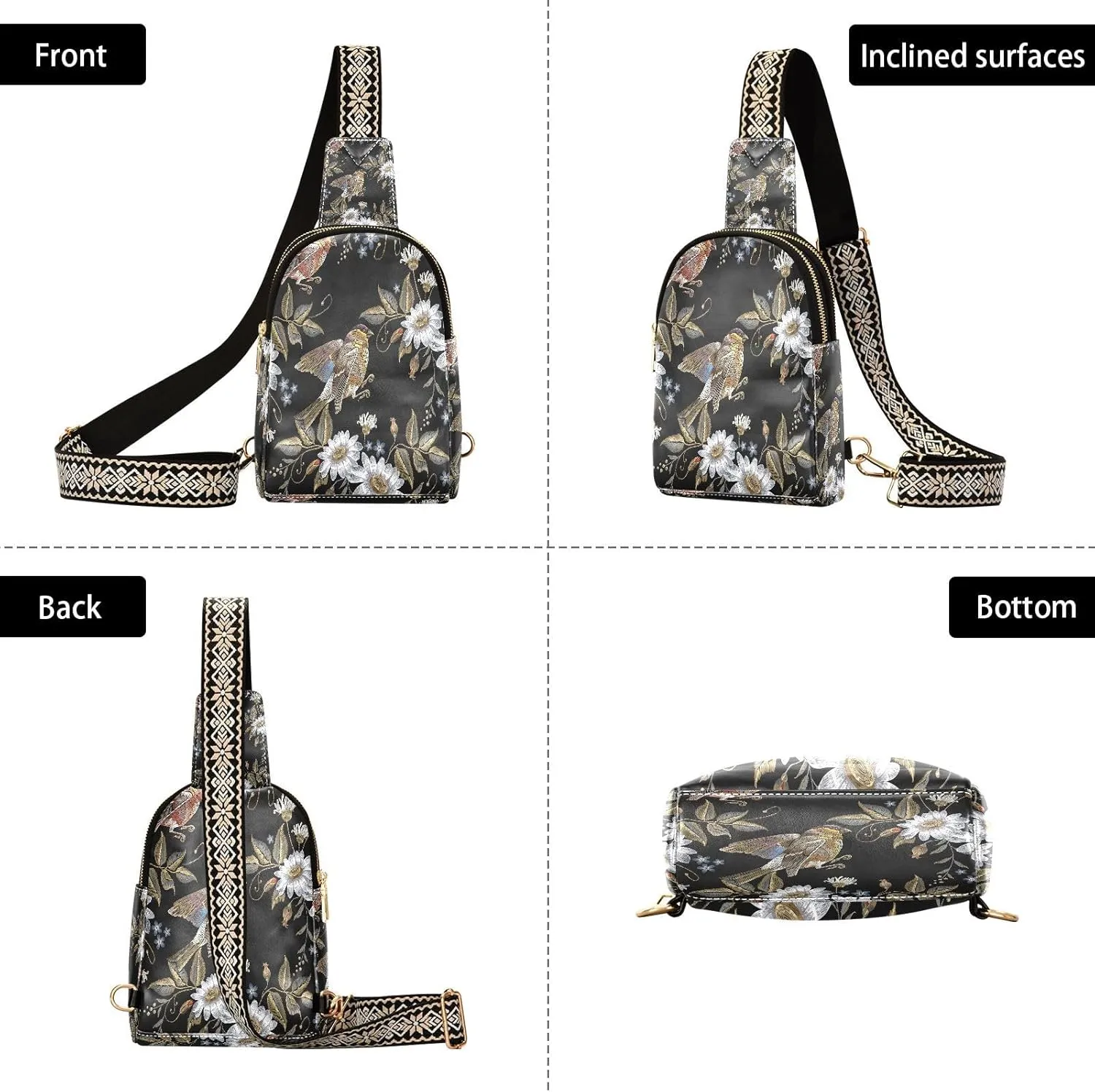 Chamomiles Flowers Fashion Leather Crossbody Bag for Women Embroidery Hummingbirds Trendy Crossbody Purse Fanny Pack with Adjustable Strap