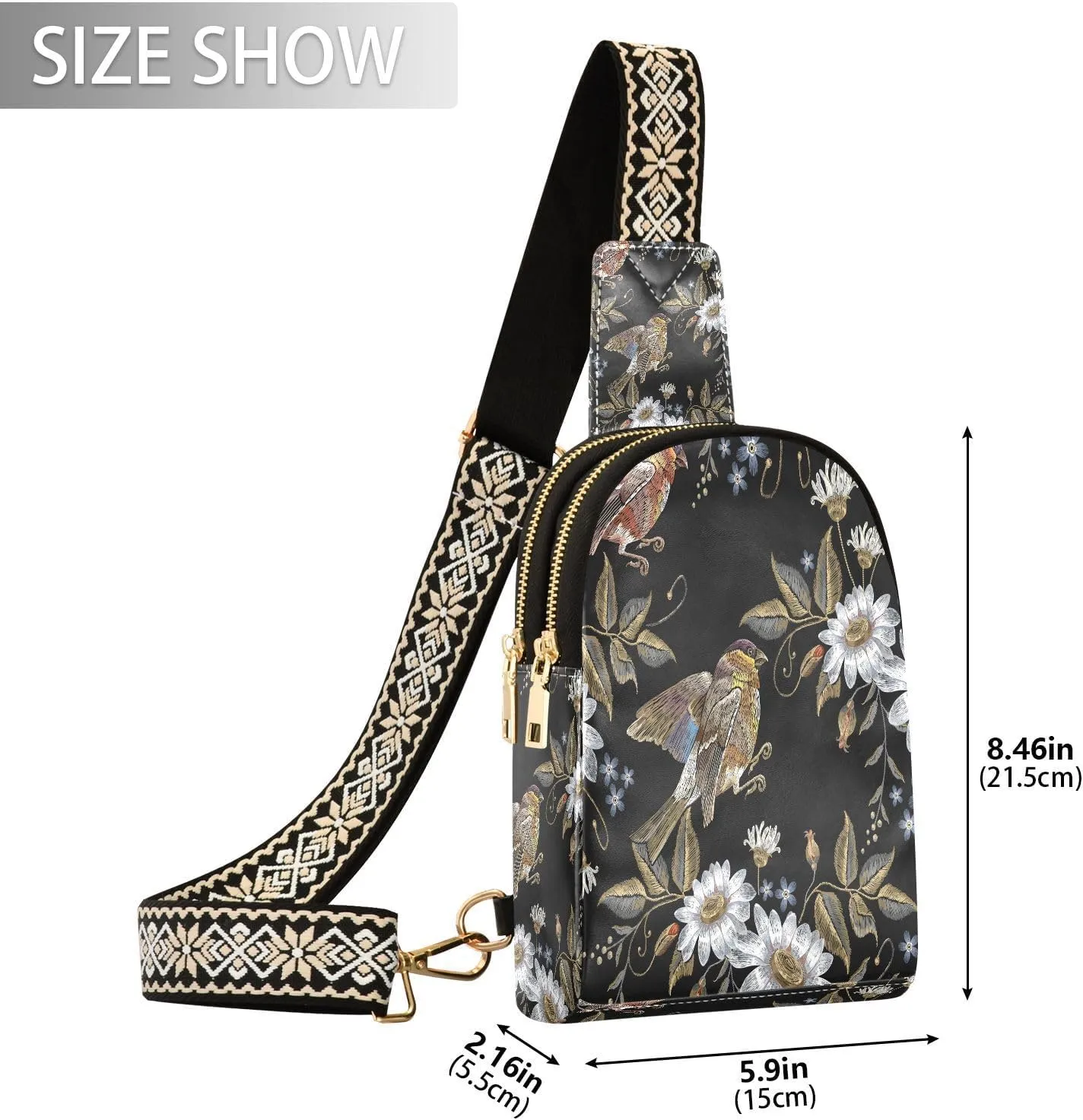 Chamomiles Flowers Fashion Leather Crossbody Bag for Women Embroidery Hummingbirds Trendy Crossbody Purse Fanny Pack with Adjustable Strap