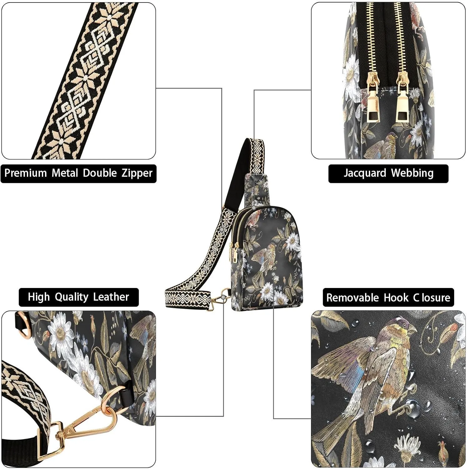 Chamomiles Flowers Fashion Leather Crossbody Bag for Women Embroidery Hummingbirds Trendy Crossbody Purse Fanny Pack with Adjustable Strap