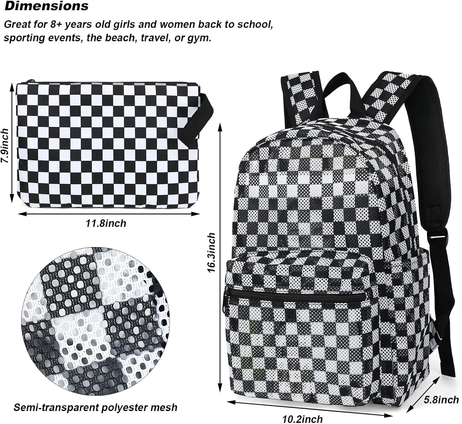 Checkered Mesh Backpack for Girls, Kids Semi-Transparent School Bookbag Women See Through Beach Bag Daypack