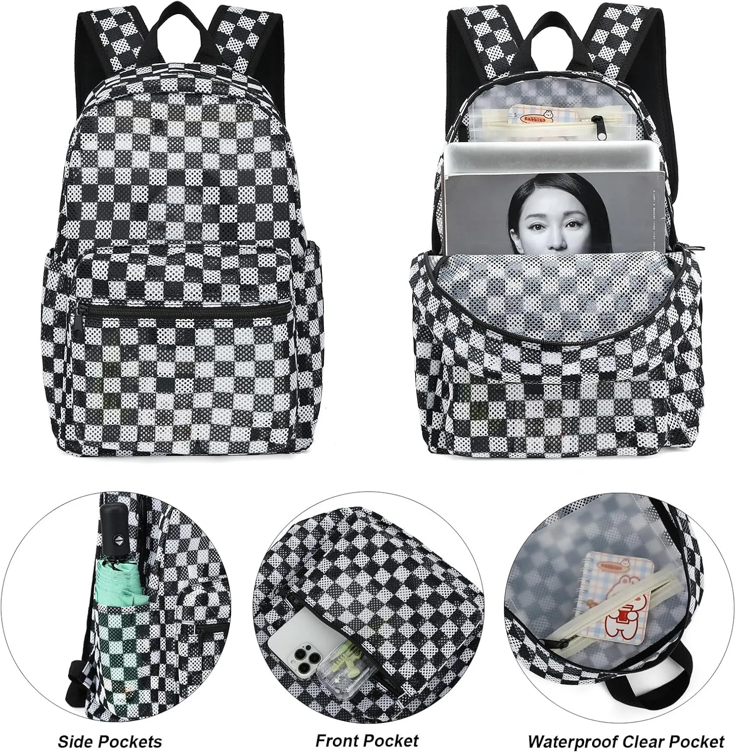 Checkered Mesh Backpack for Girls, Kids Semi-Transparent School Bookbag Women See Through Beach Bag Daypack