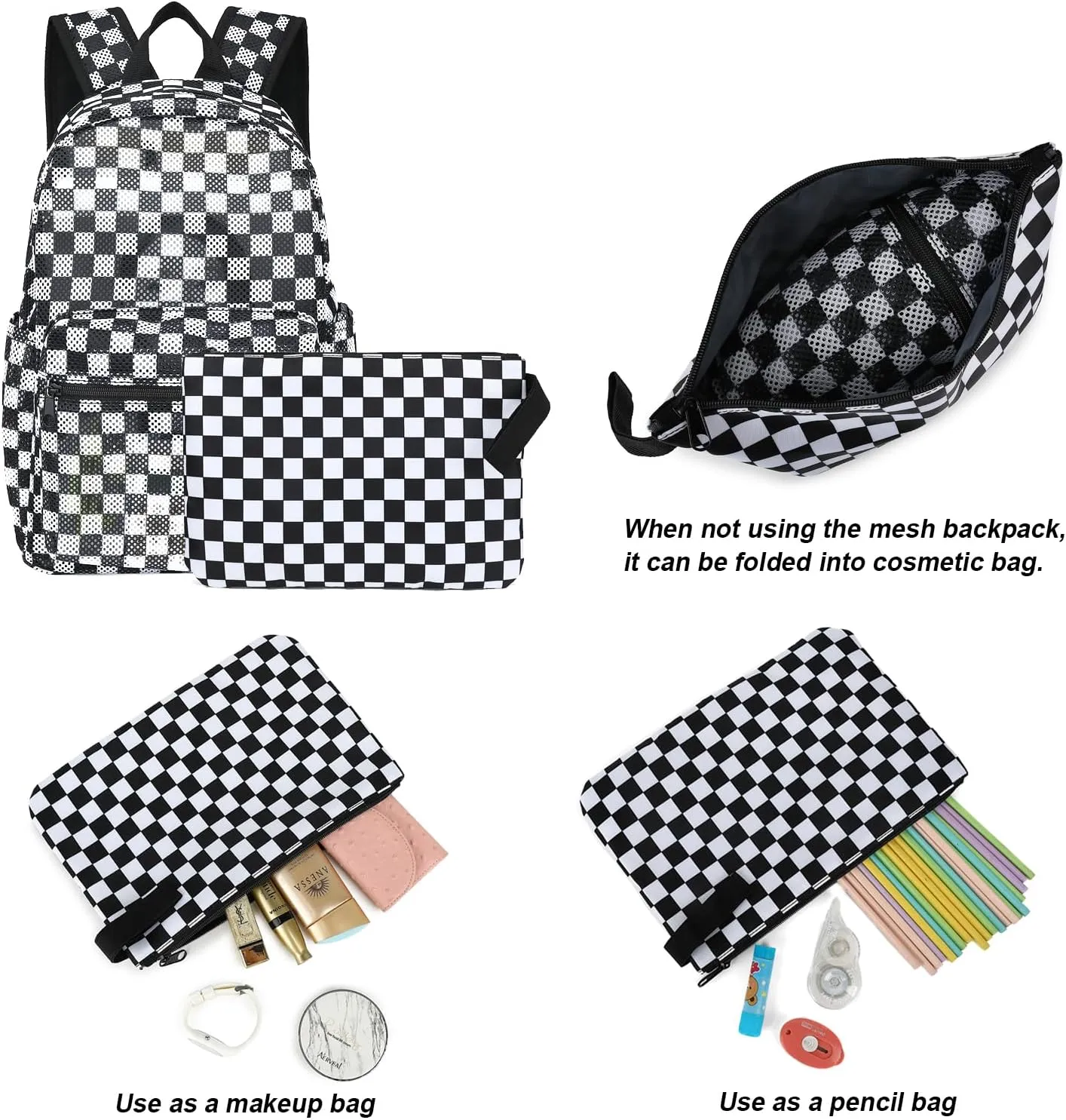 Checkered Mesh Backpack for Girls, Kids Semi-Transparent School Bookbag Women See Through Beach Bag Daypack