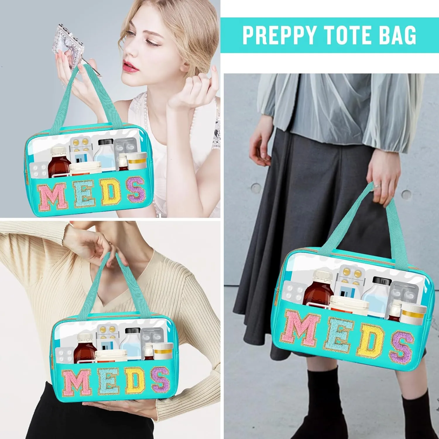 Chenille Letter Clear Makeup Bag MEDS Tote, Large Preppy Medicine Bag Travel Drugs Pills Bag Zipper Pouch with Handle,Waterproof Nylon Portable Cute Cosmetic Toiletry Storage Bag for Women(MEDS-Green)