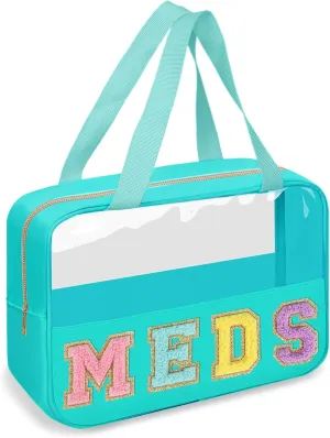Chenille Letter Clear Makeup Bag MEDS Tote, Large Preppy Medicine Bag Travel Drugs Pills Bag Zipper Pouch with Handle,Waterproof Nylon Portable Cute Cosmetic Toiletry Storage Bag for Women(MEDS-Green)