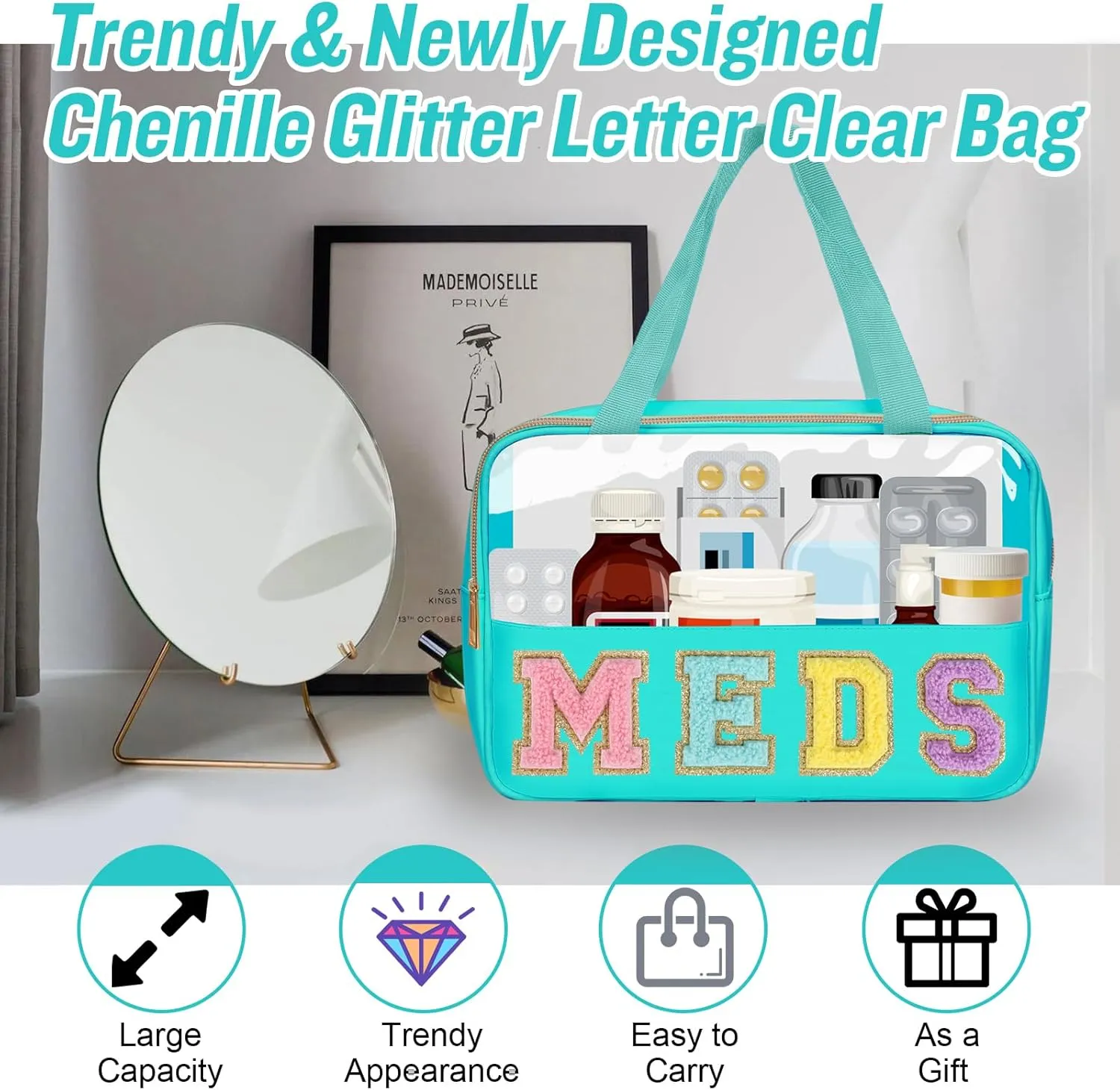Chenille Letter Clear Makeup Bag MEDS Tote, Large Preppy Medicine Bag Travel Drugs Pills Bag Zipper Pouch with Handle,Waterproof Nylon Portable Cute Cosmetic Toiletry Storage Bag for Women(MEDS-Green)