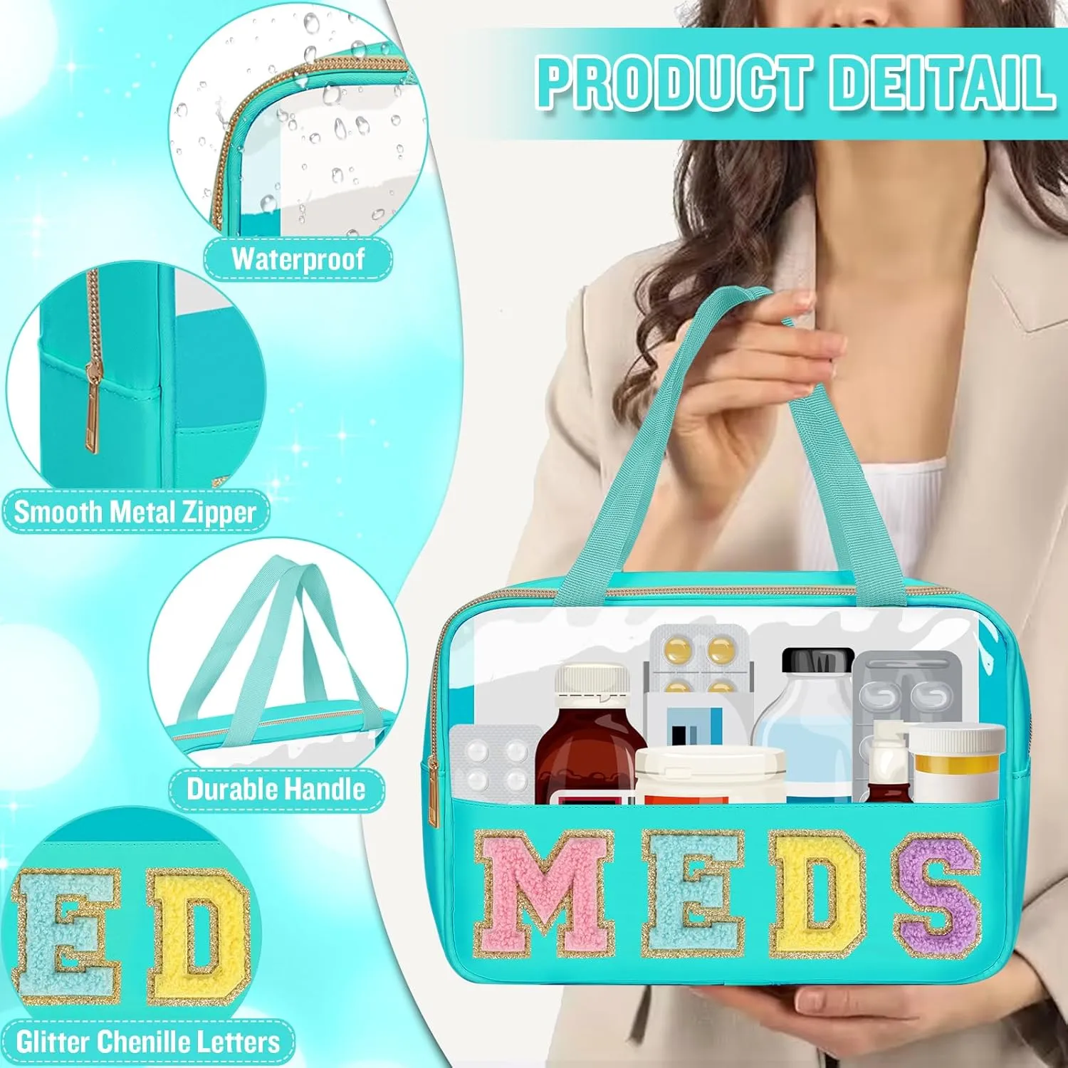 Chenille Letter Clear Makeup Bag MEDS Tote, Large Preppy Medicine Bag Travel Drugs Pills Bag Zipper Pouch with Handle,Waterproof Nylon Portable Cute Cosmetic Toiletry Storage Bag for Women(MEDS-Green)