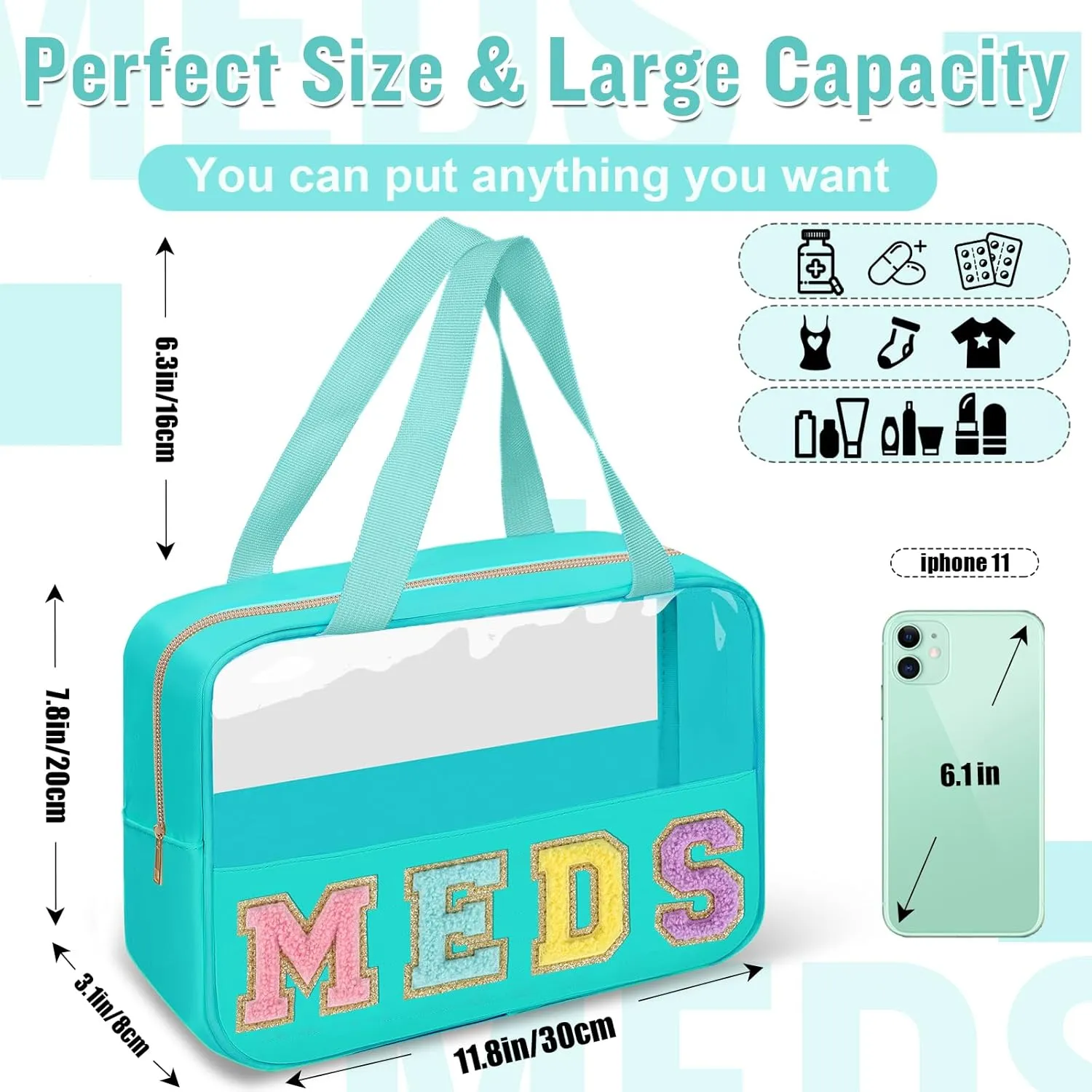 Chenille Letter Clear Makeup Bag MEDS Tote, Large Preppy Medicine Bag Travel Drugs Pills Bag Zipper Pouch with Handle,Waterproof Nylon Portable Cute Cosmetic Toiletry Storage Bag for Women(MEDS-Green)