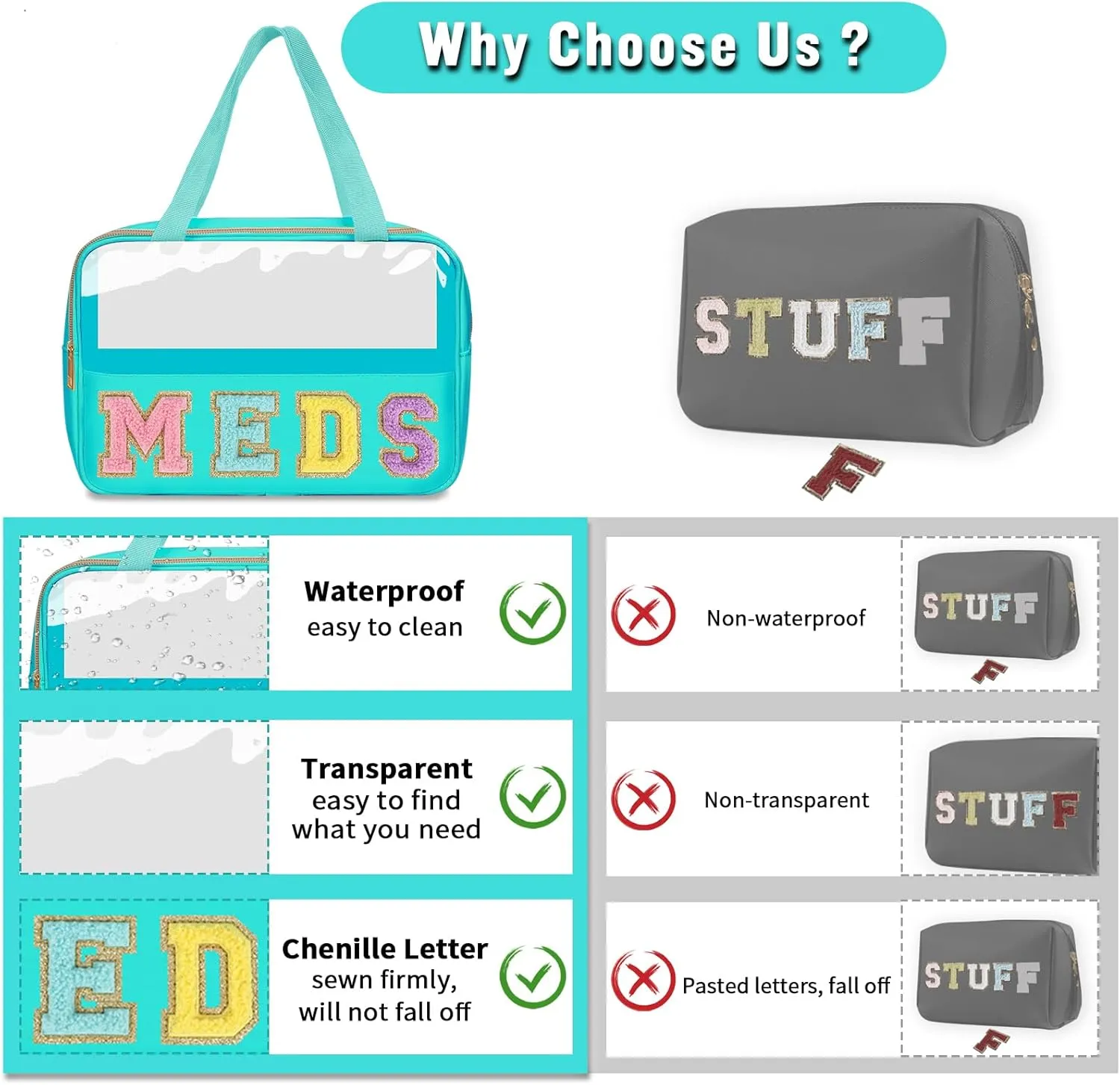 Chenille Letter Clear Makeup Bag MEDS Tote, Large Preppy Medicine Bag Travel Drugs Pills Bag Zipper Pouch with Handle,Waterproof Nylon Portable Cute Cosmetic Toiletry Storage Bag for Women(MEDS-Green)
