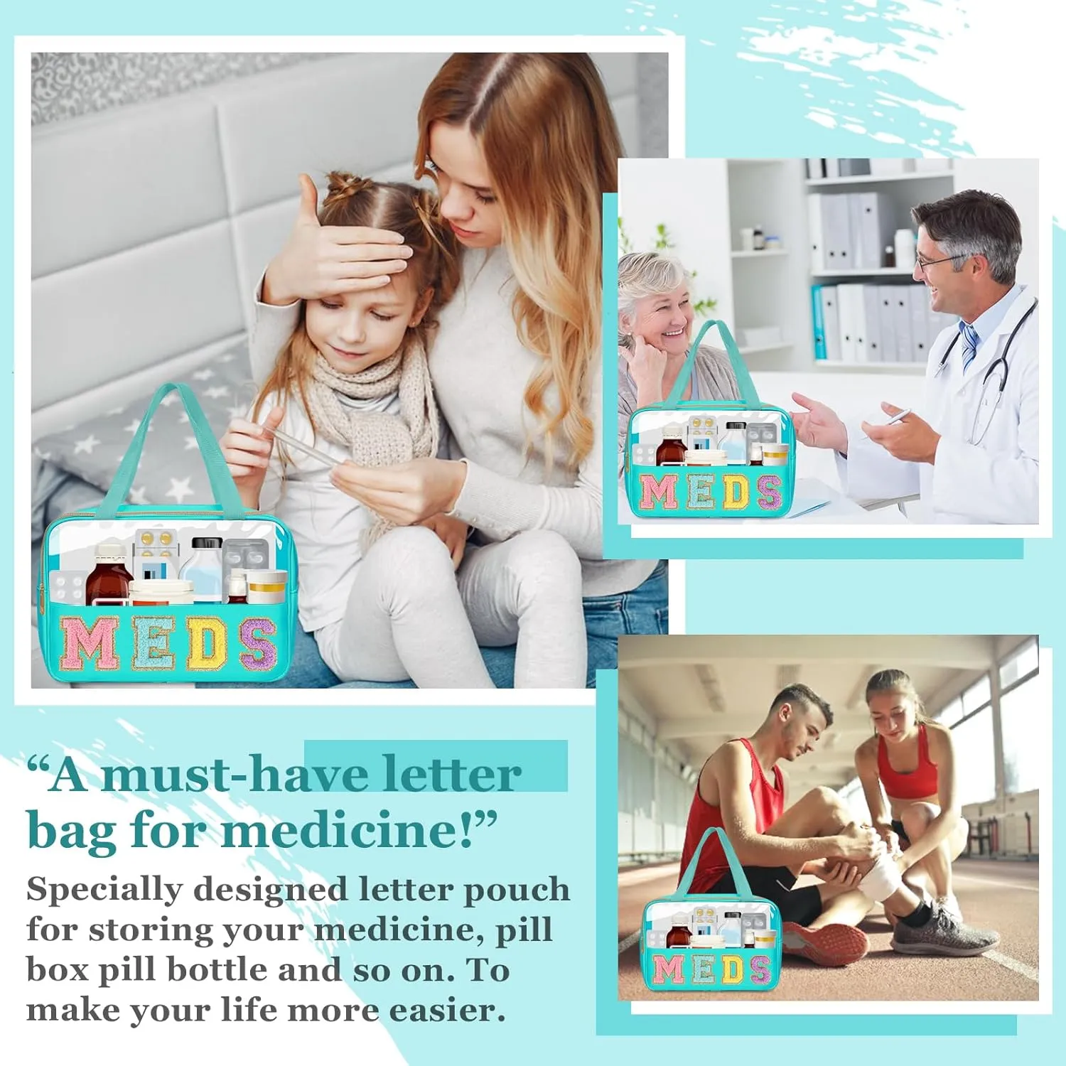 Chenille Letter Clear Makeup Bag MEDS Tote, Large Preppy Medicine Bag Travel Drugs Pills Bag Zipper Pouch with Handle,Waterproof Nylon Portable Cute Cosmetic Toiletry Storage Bag for Women(MEDS-Green)