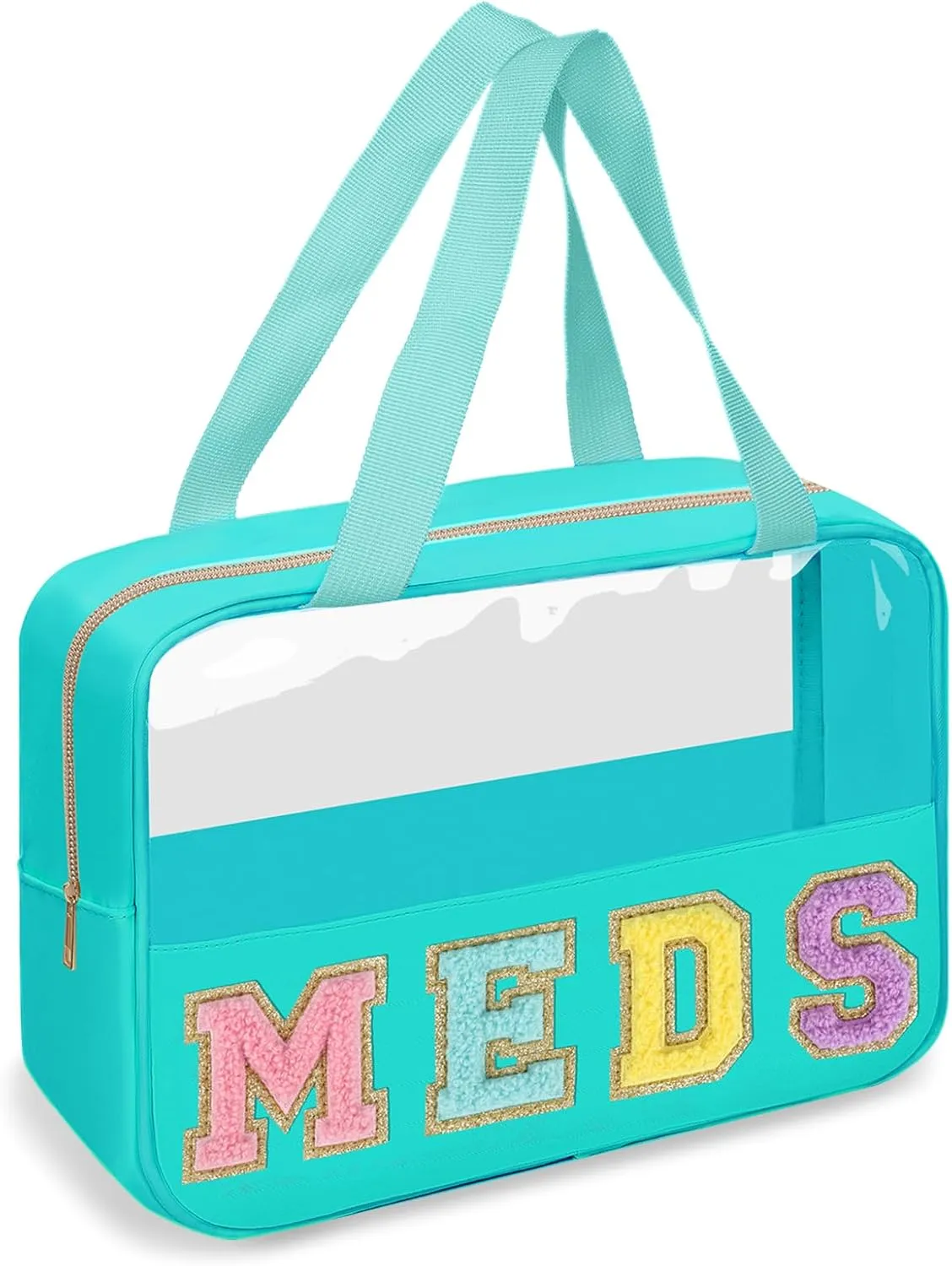 Chenille Letter Clear Makeup Bag MEDS Tote, Large Preppy Medicine Bag Travel Drugs Pills Bag Zipper Pouch with Handle,Waterproof Nylon Portable Cute Cosmetic Toiletry Storage Bag for Women(MEDS-Green)