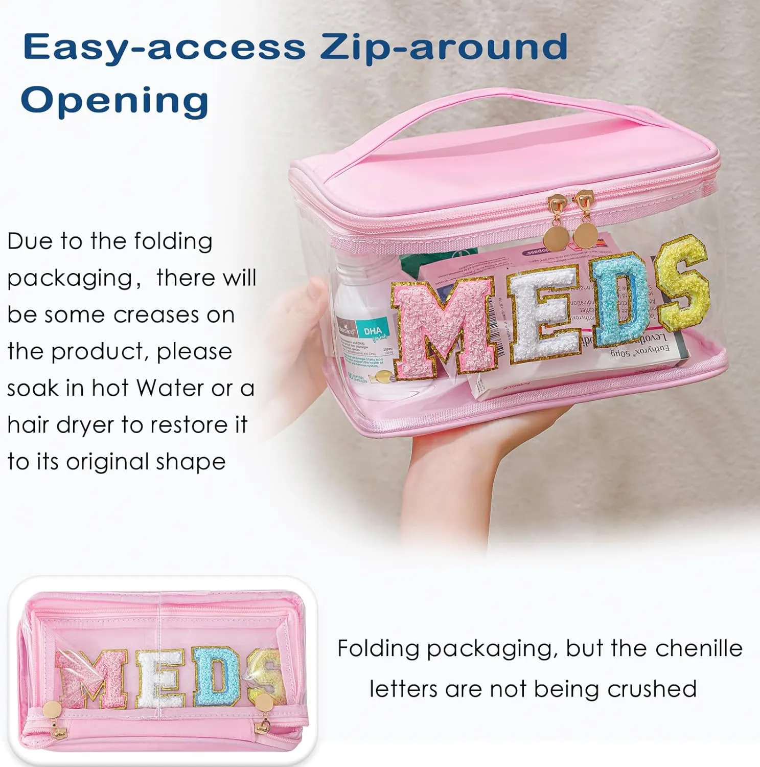 Chenille Letter Clear Medicine Makeup Bag, Large Size Waterproof Nylon Cosmetic Toiletry Storage bag with Top Handle, Transparent Meds First Aid Travel Organizer Cosmetic Bag(02Light Pink)