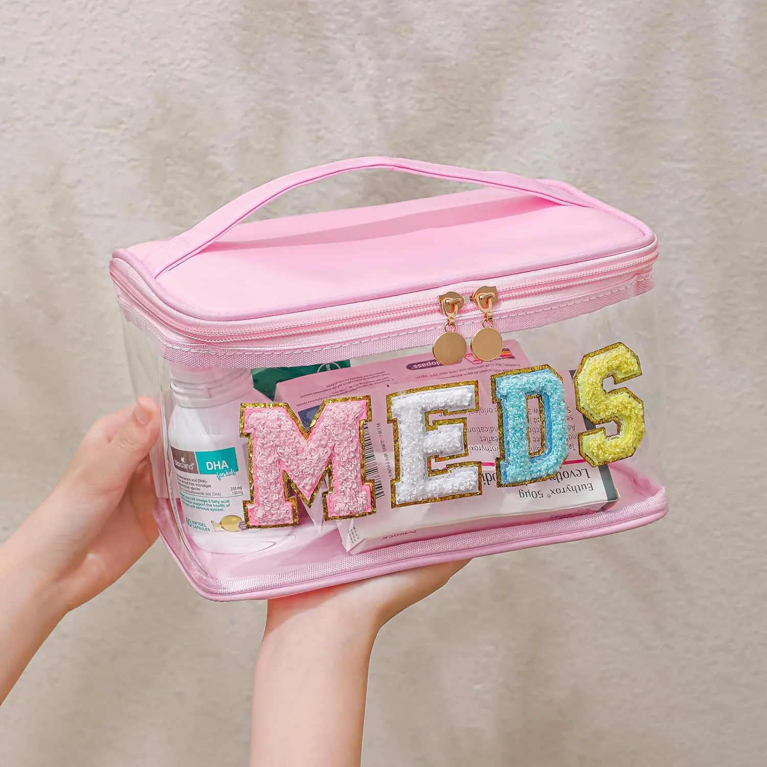 Chenille Letter Clear Medicine Makeup Bag, Large Size Waterproof Nylon Cosmetic Toiletry Storage bag with Top Handle, Transparent Meds First Aid Travel Organizer Cosmetic Bag(02Light Pink)
