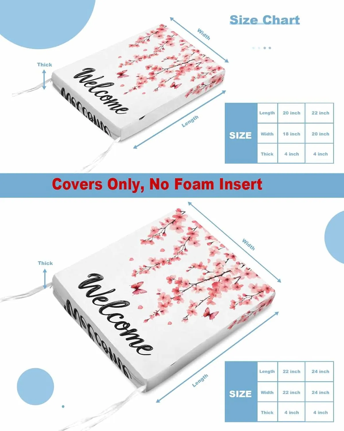 Cherry Blossoms Outdoor Cushion Chair Cover Set of 4 - Waterproof Couch Seat Covers, Spring Rustic Botanical Flowers Patio Furniture Protector Cushions Slipcovers for Sofa/RV, 22"x22"x4"